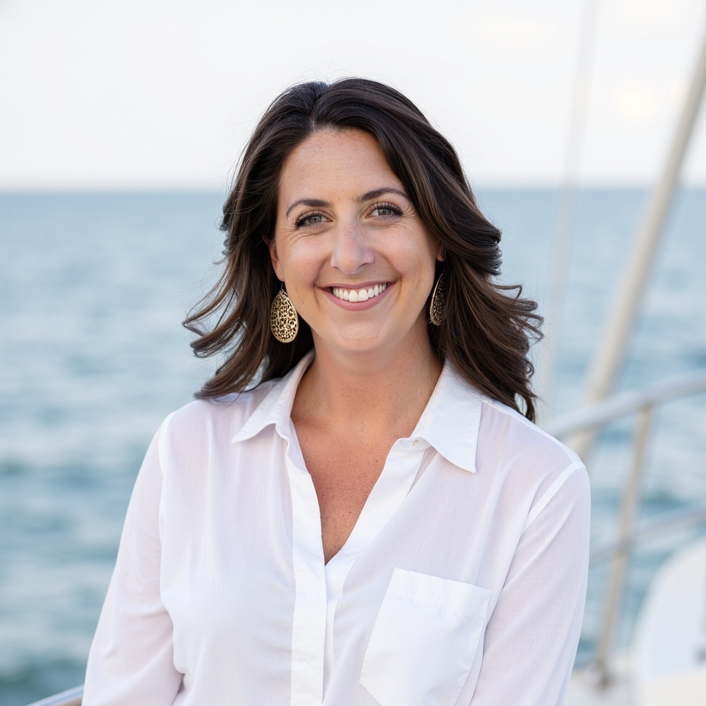 Woman in a white shirt smiling on a boat during a destination wedding, with the ocean in the background.