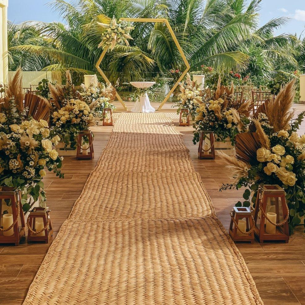 A woven aisle leads to a floral-adorned hexagonal arch at an outdoor destination wedding.