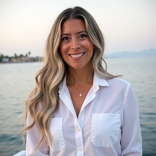 Woman with long blonde hair in a white shirt by the water, smiling as if at a destination wedding.