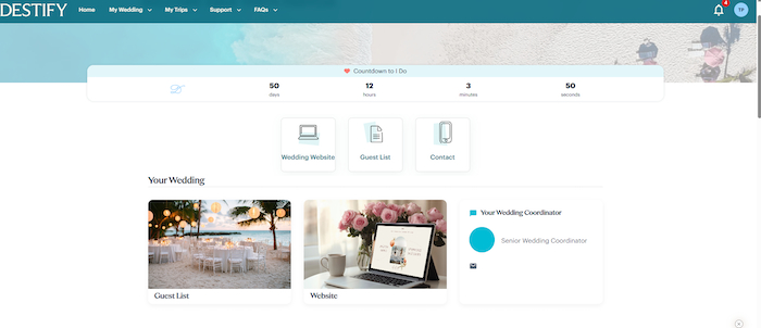Destination wedding planning dashboard displaying countdown timer, guest list, and coordinator info.