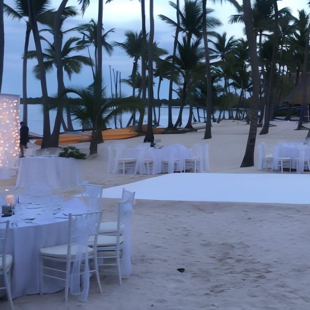 Tables and chairs arranged on a sandy beach for a destination wedding, with palm trees and ocean views.
