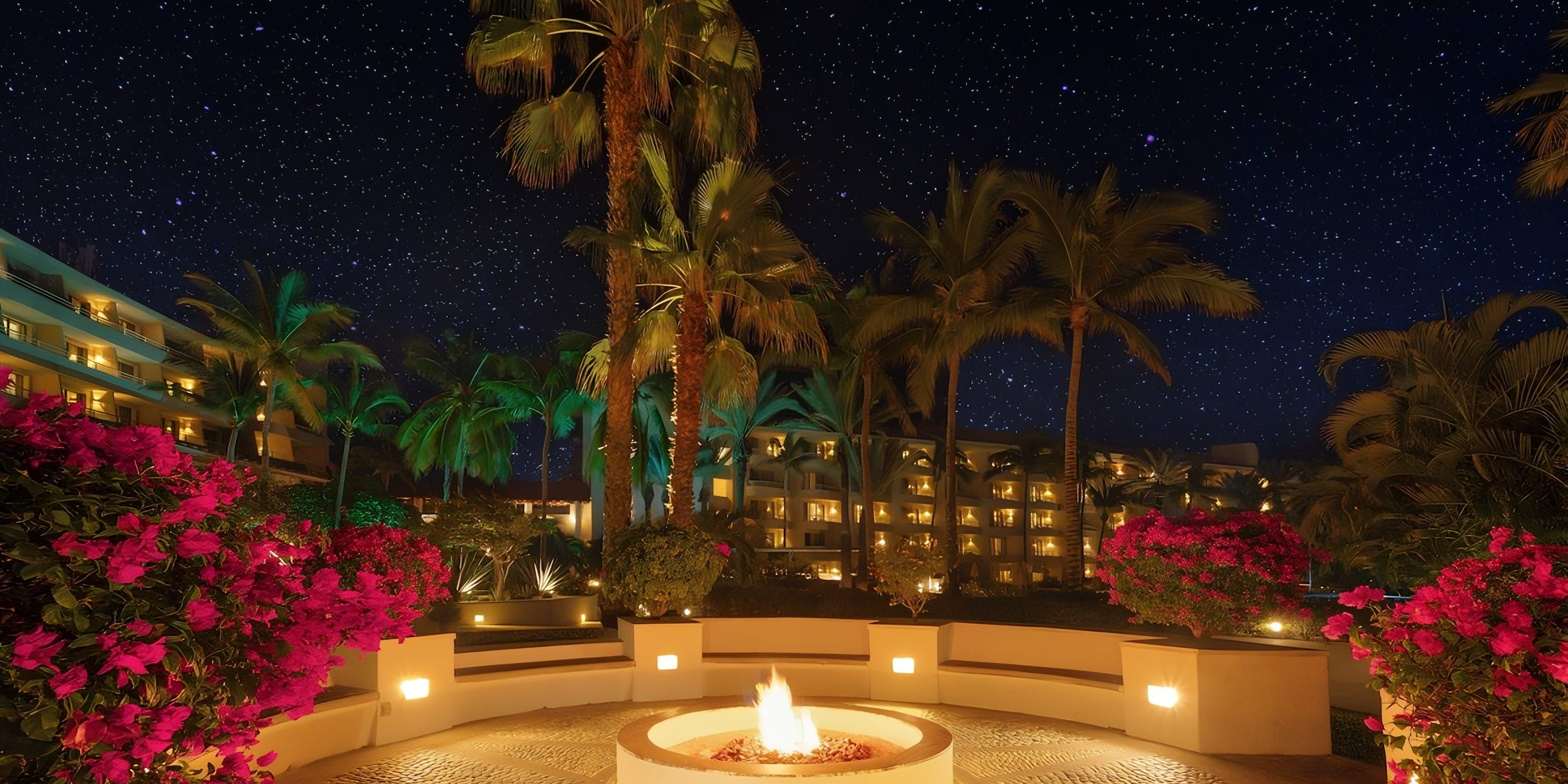 Fire pit at Barcel&oacute; Grand Faro Los Cabos, perfect for a destination wedding, framed by palms and stars.