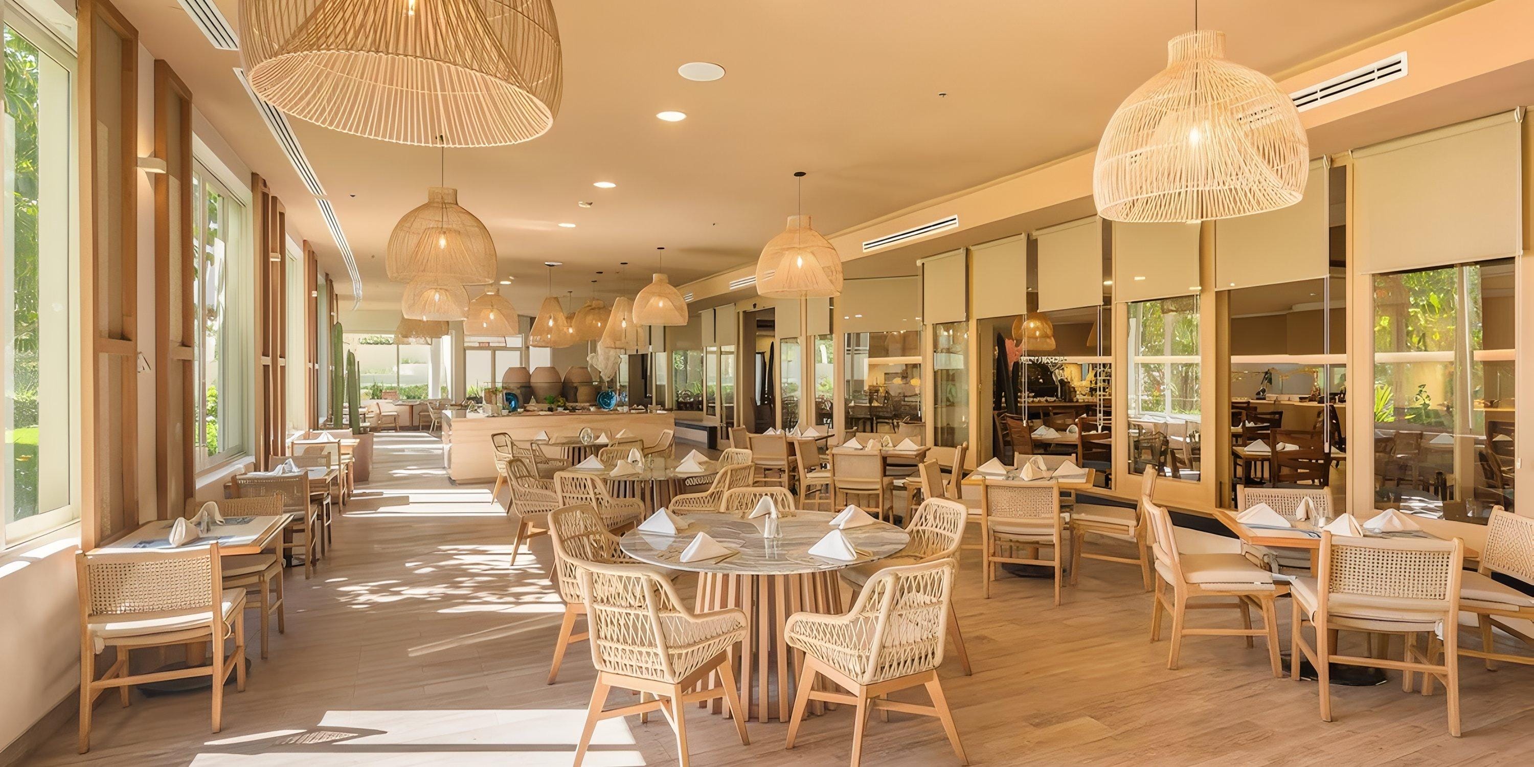 Bright, modern Barcel&oacute; Grand Faro Los Cabos set for a destination wedding with wooden tables and large windows.