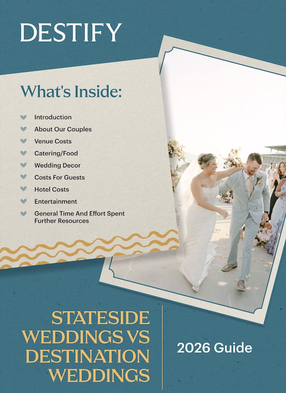 Bride and groom walk outdoors at a destination wedding, next to a wedding guide's contents list.