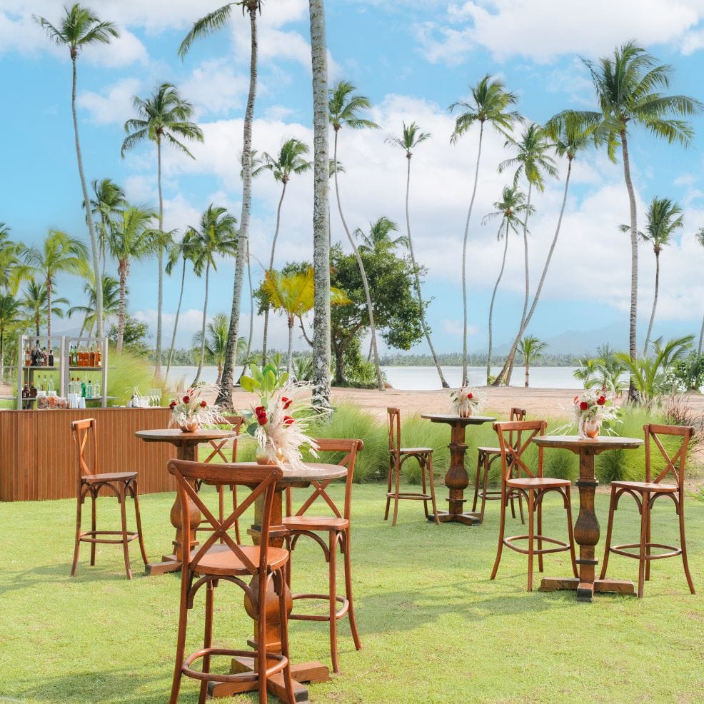 Outdoor cocktail tables and chairs arranged for a destination wedding on grass by palms and the beach.