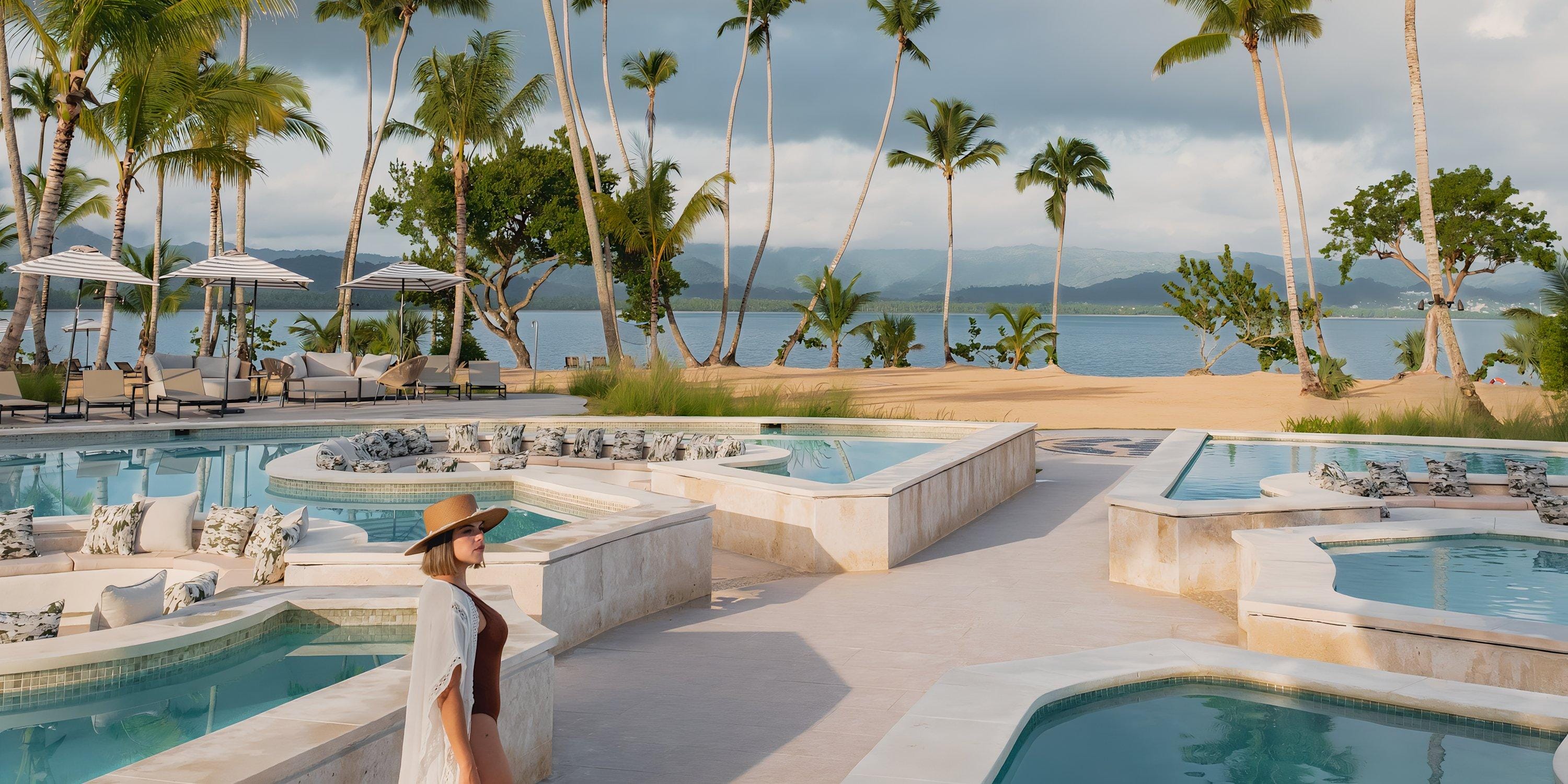 Woman in sunhat by Hilton Cancun Mar Caribe pools, ideal for a destination wedding, ocean views.