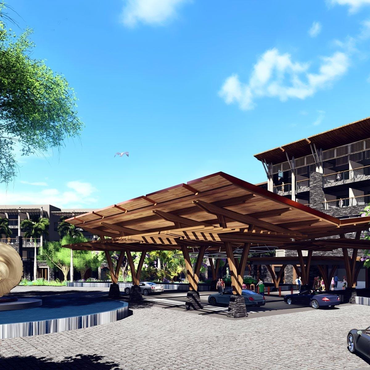 Lopesan Serenity Bay Resort Spa & Casino entrance—ideal destination wedding spot, blue sky, cars.
