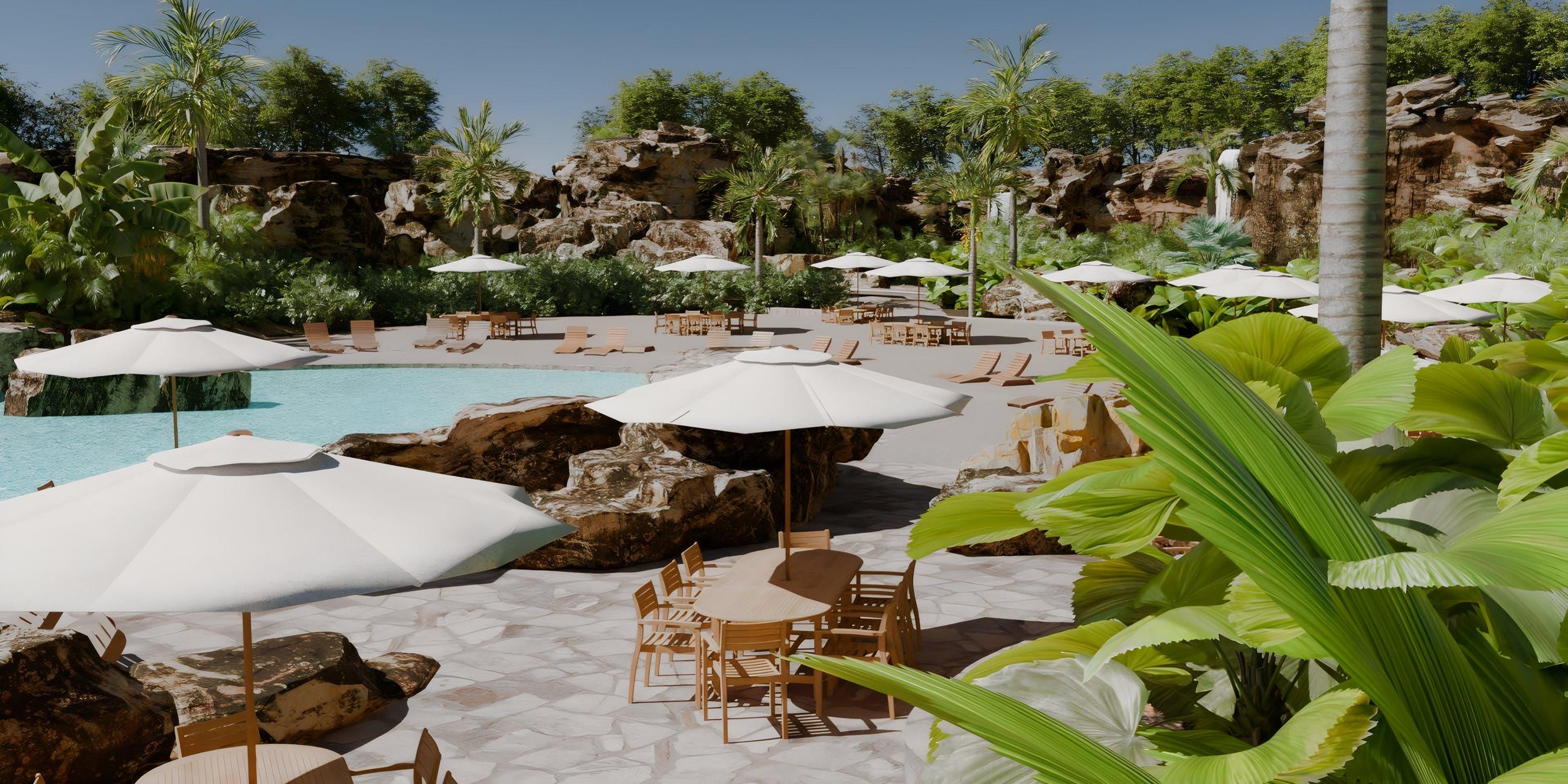 Lopesan Serenity Bay: ideal destination wedding spot with an outdoor pool, lush plants, and seating.