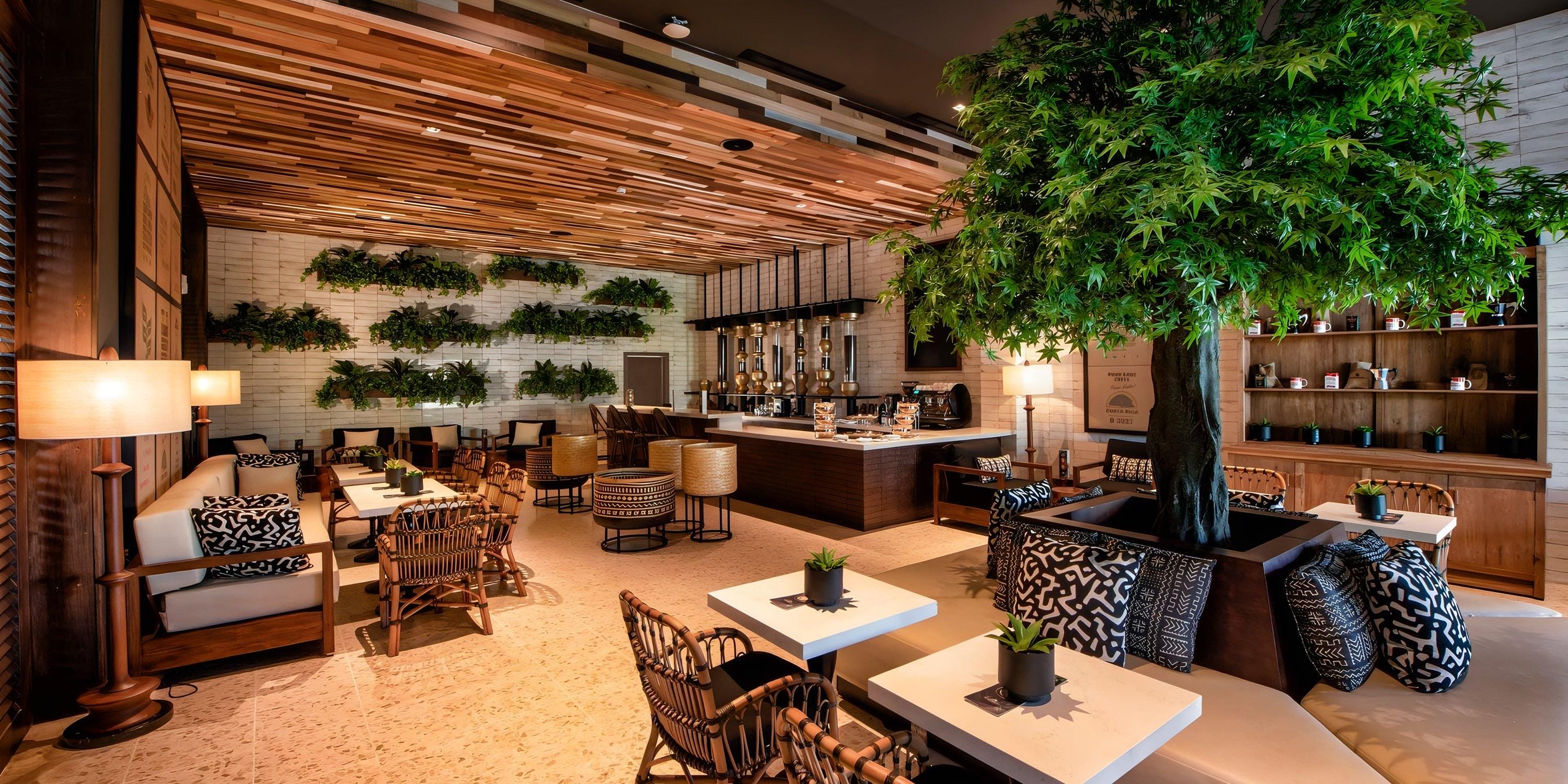 Lopesan Serenity Bay Resort Spa & Casino offers a chic caf&eacute; with wood accents, perfect for weddings.