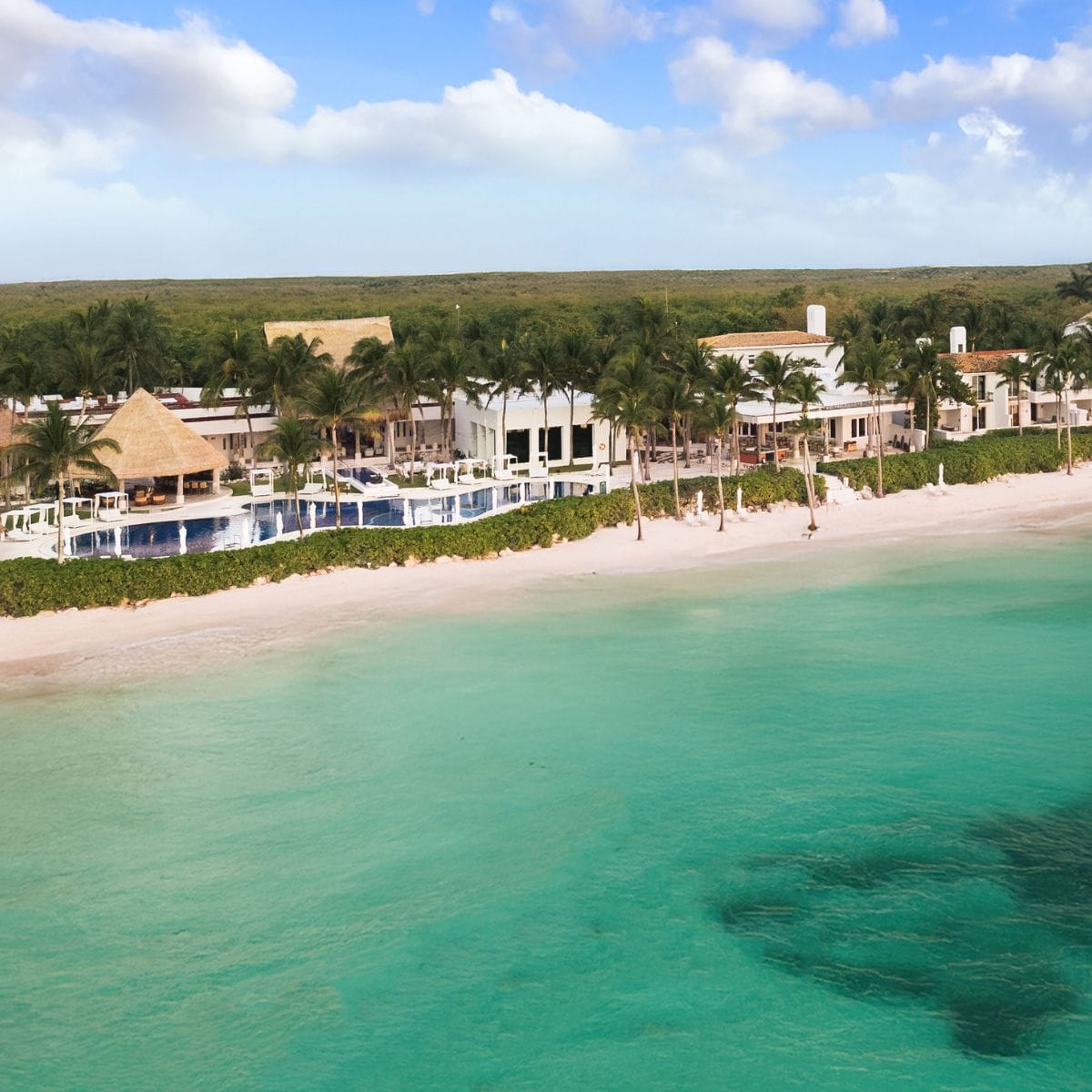 Royalton Riviera Cancun: ideal destination wedding venue beside turquoise ocean and palm trees.