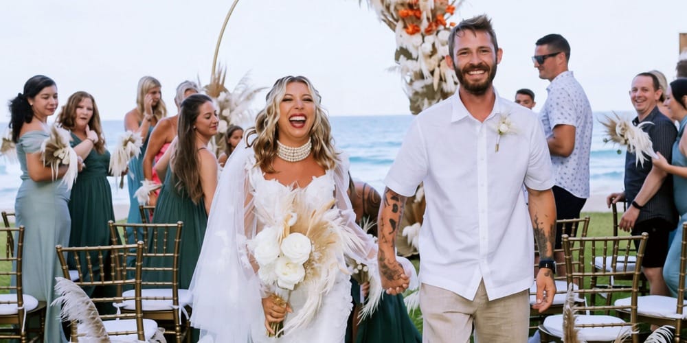 Kayleigh and Isaac smile as they walk the aisle at their destination wedding, guests looking on.