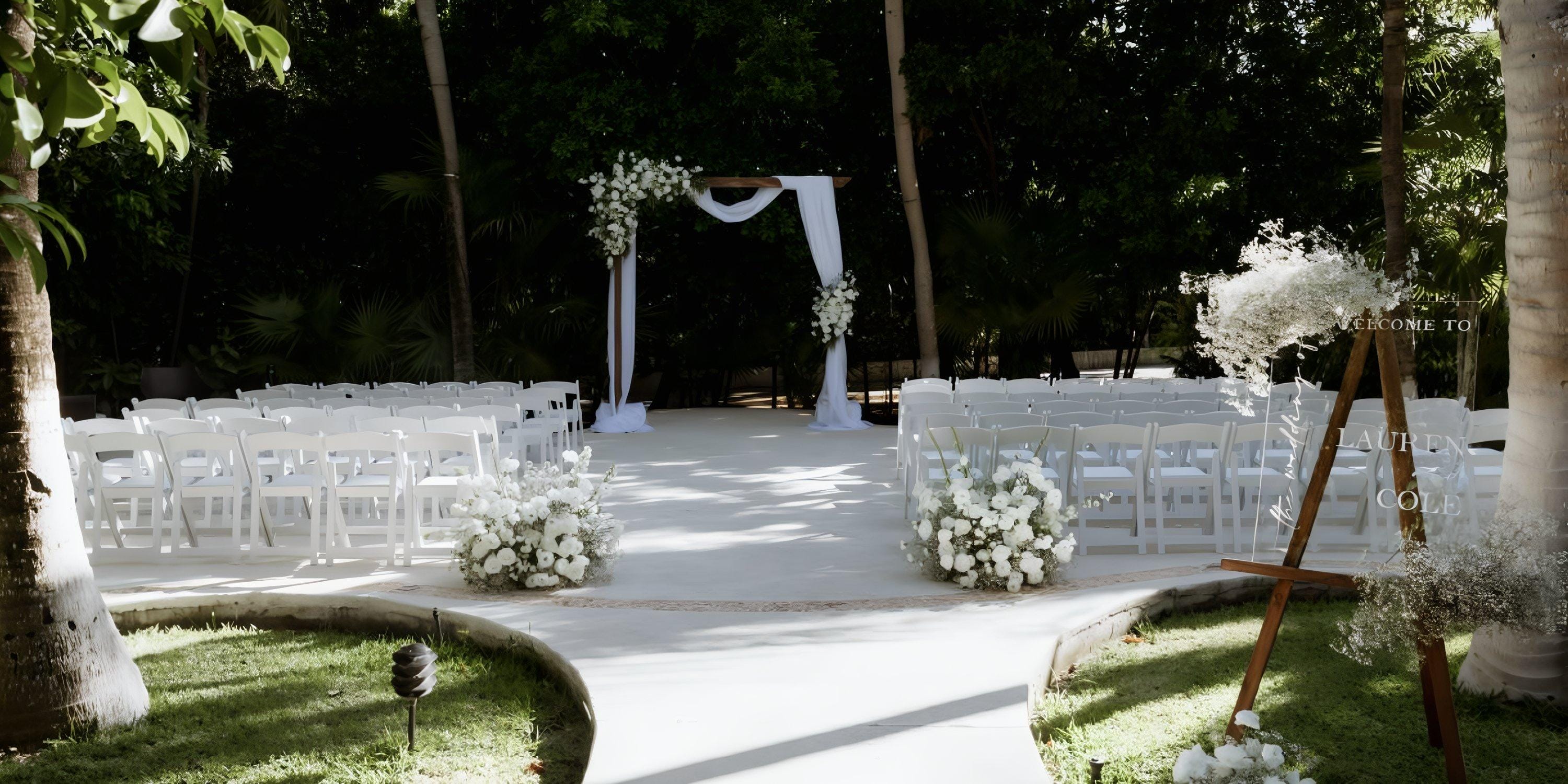 Destination wedding setup featuring white chairs, floral d&eacute;cor, and a beautifully adorned archway.