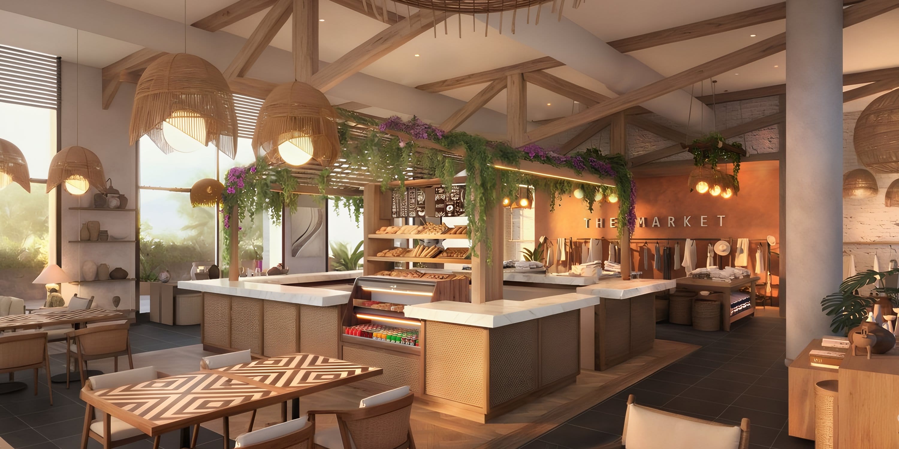 Chic café with wood décor, greenery, and sunlit shelves—ideal for a destination wedding retreat.