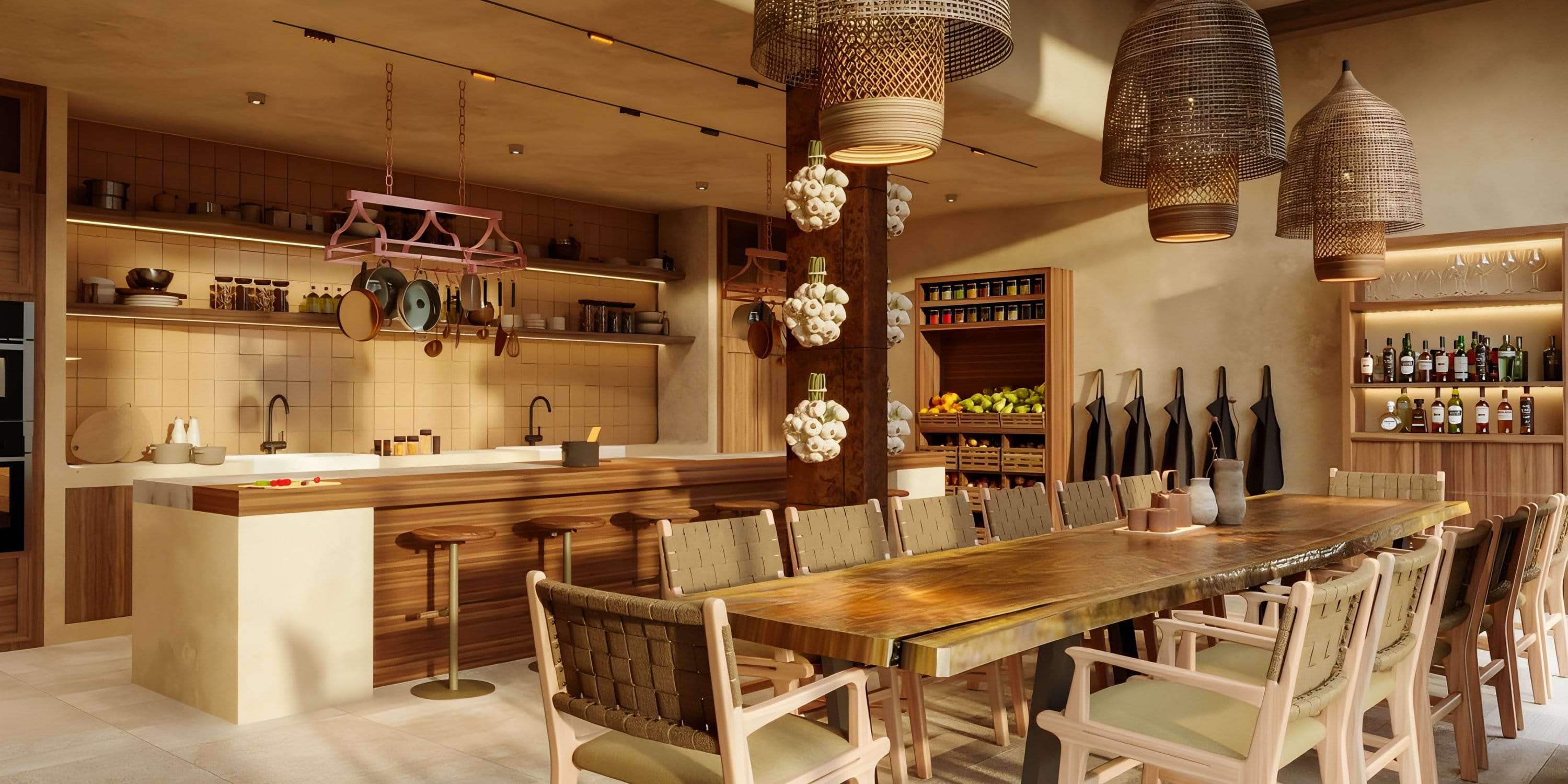 Modern kitchen at Dreams Las Mareas with wood table and bar stools, ideal for destination weddings.