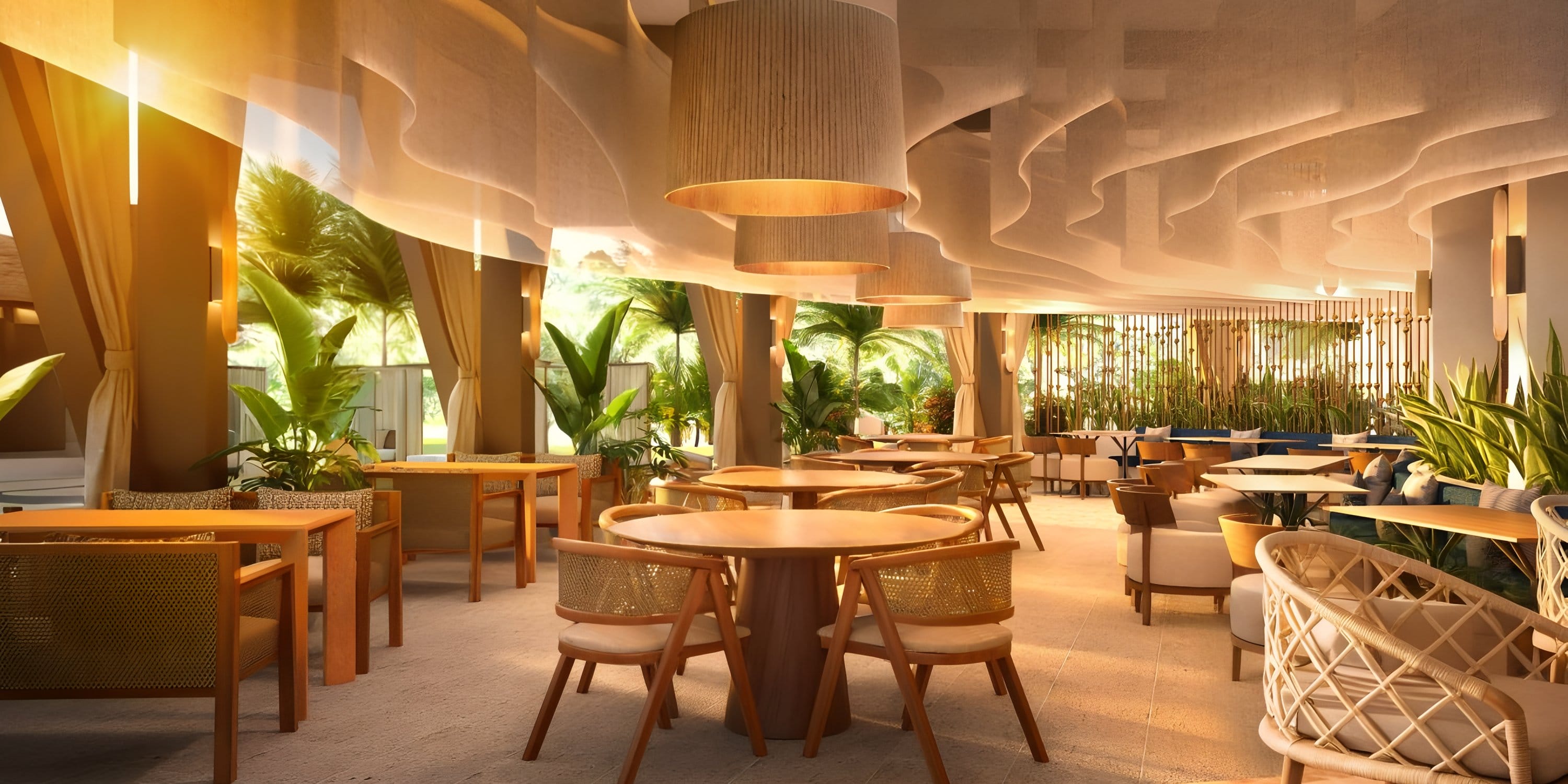 Dreams Las Mareas: bright dining, wooden tables, greenery—ideal for a destination wedding scene.