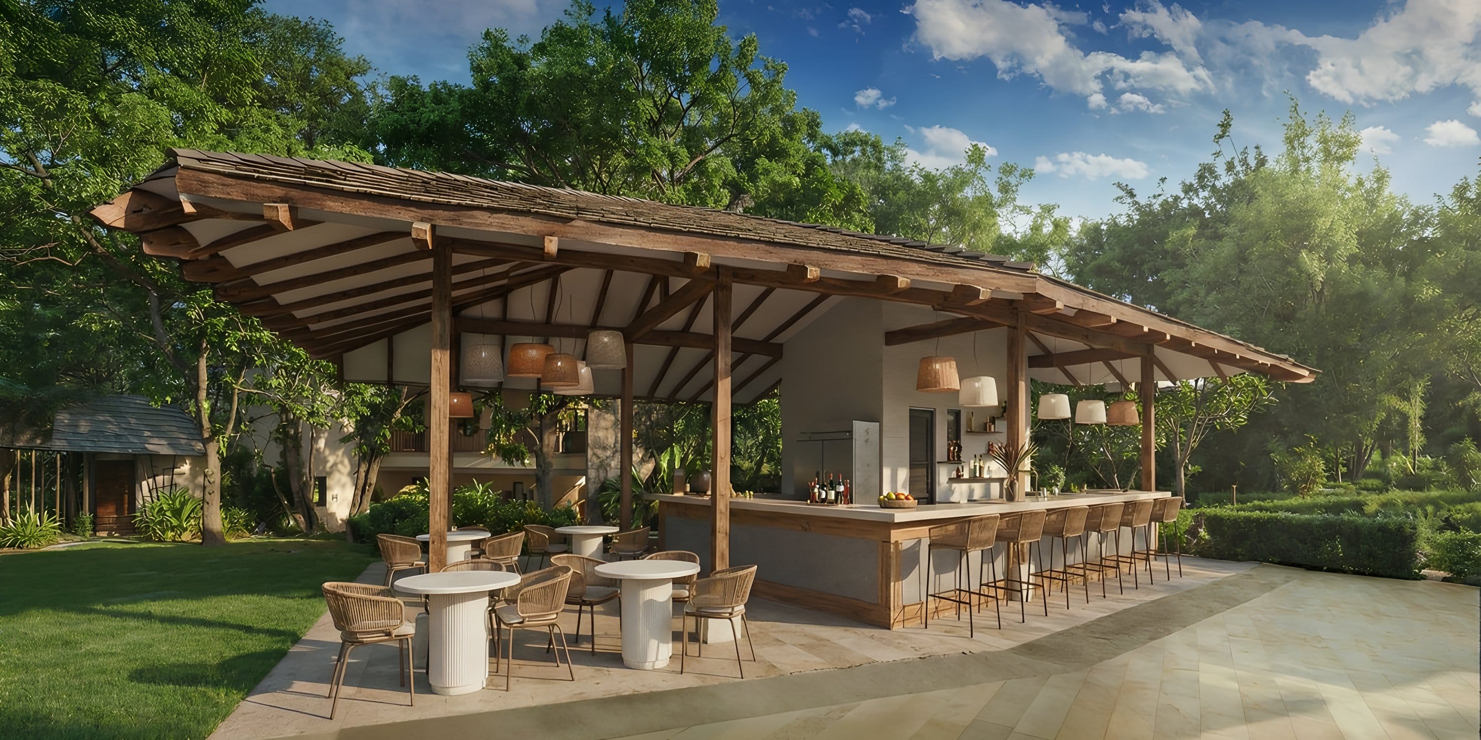Dreams Las Mareas: Outdoor bar with wooden roof, ideal for destination weddings in a lush garden.