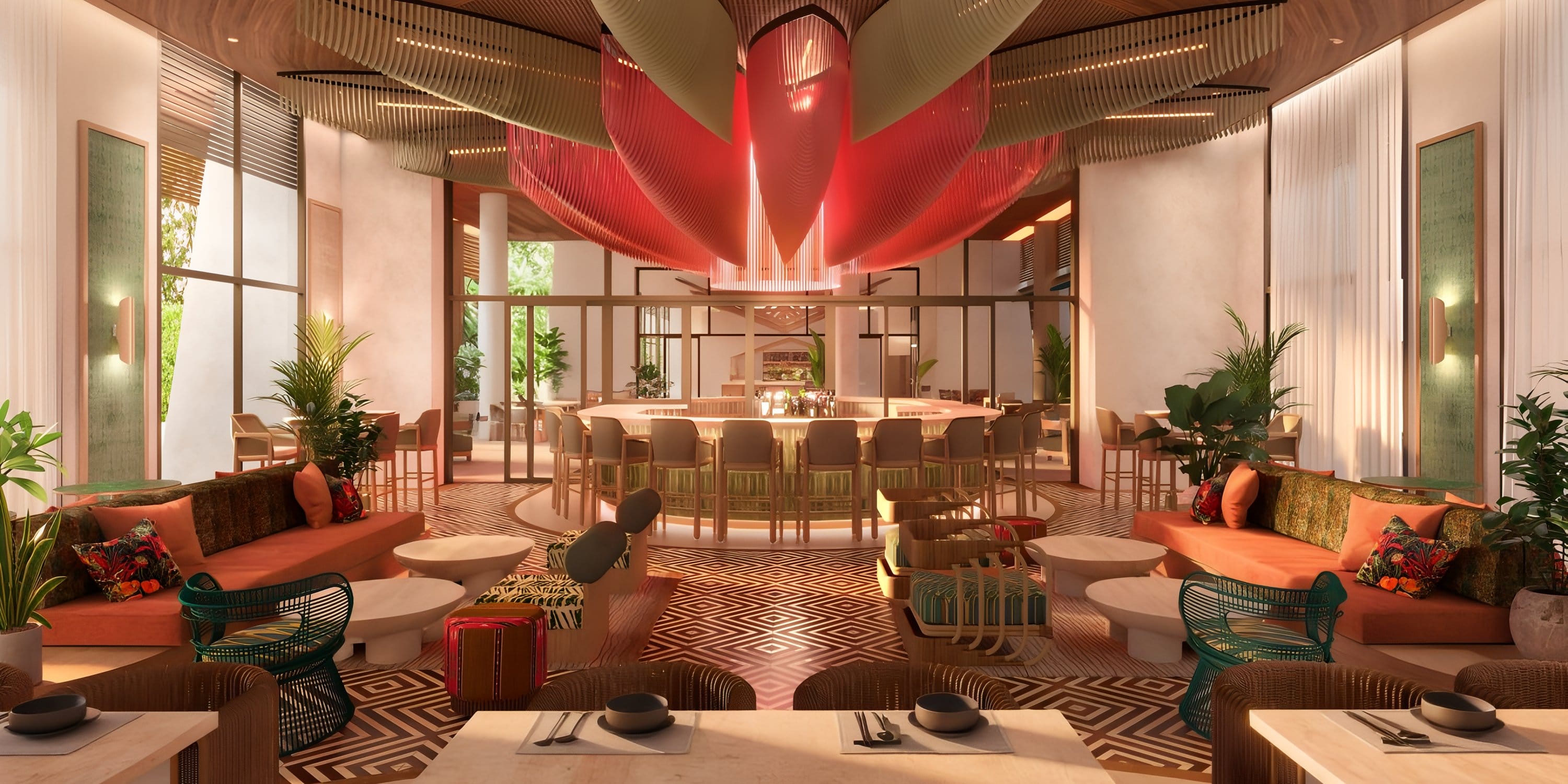 Dreams Las Mareas: Modern venue with central bar, red ceiling—perfect for a destination wedding.