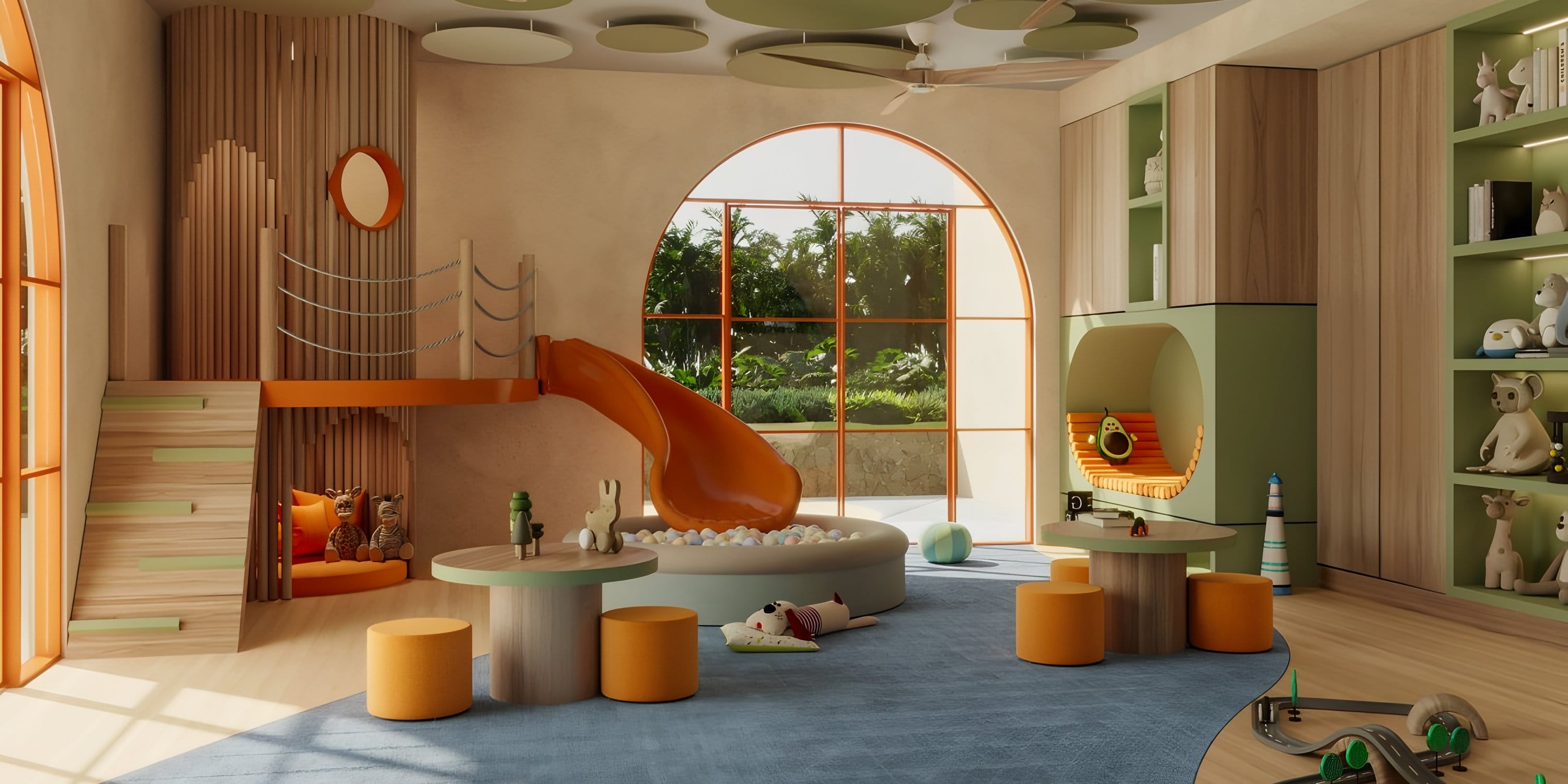 Dreams Las Mareas playroom: perfect for destination wedding kids, slide, toys, arched window view.
