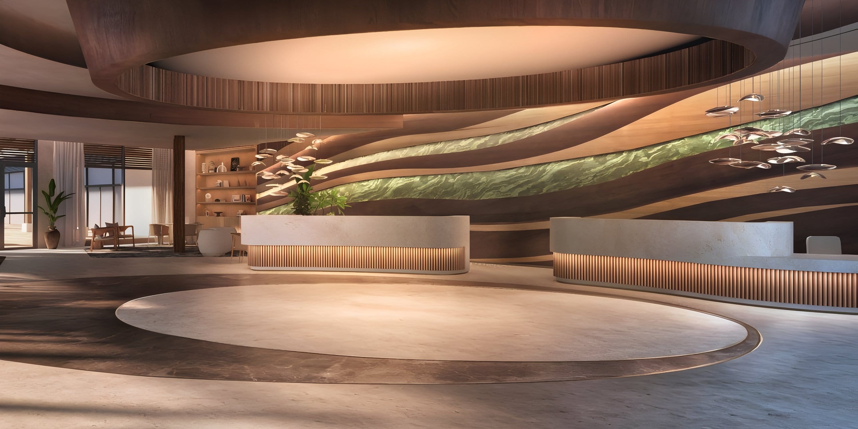 Dreams Las Mareas: Modern lobby, curved desks—ideal for destination wedding celebrations.