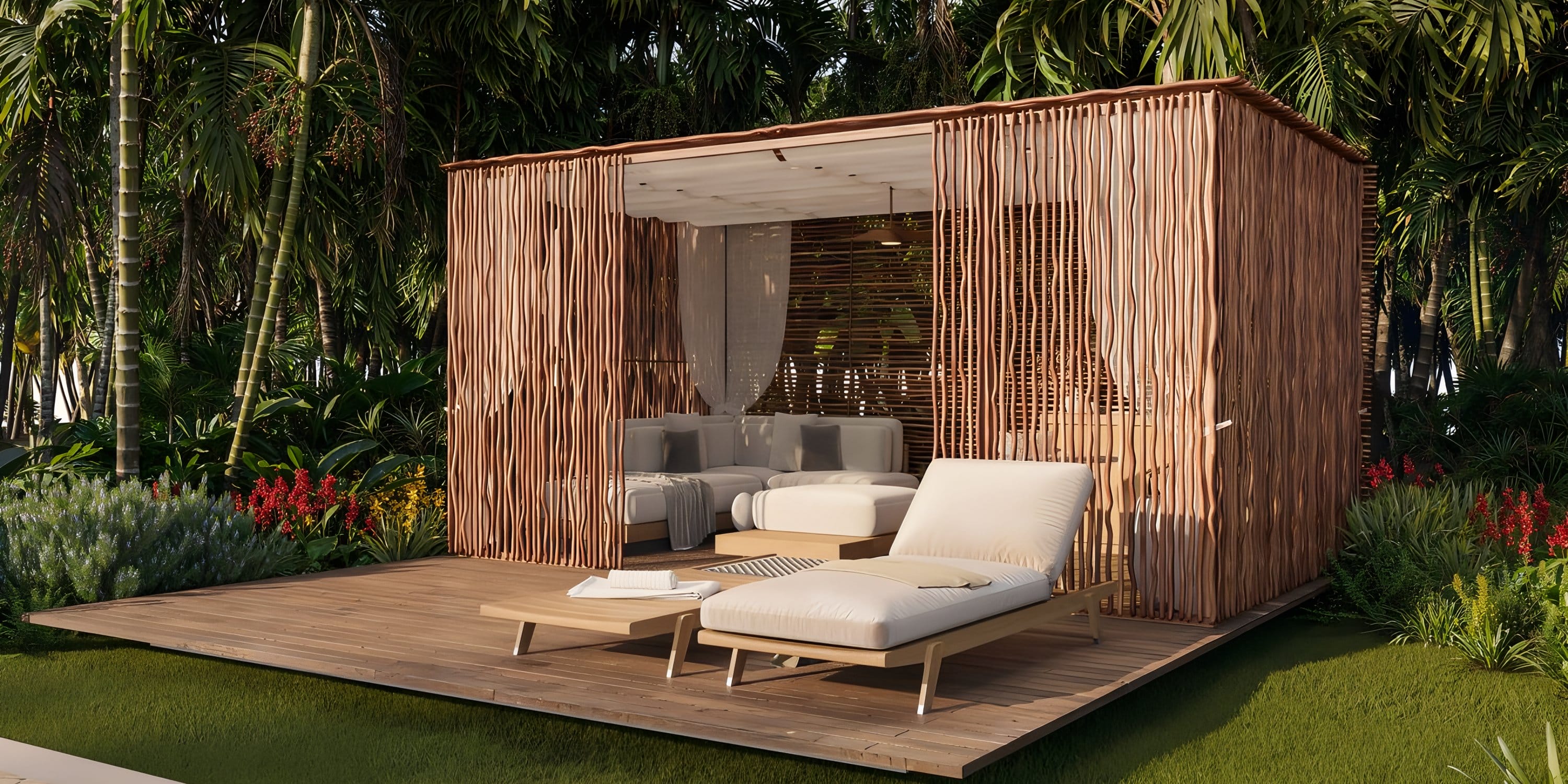 Dreams Las Mareas: Cabana with wooden slats, lounge chairs—perfect for a destination wedding.