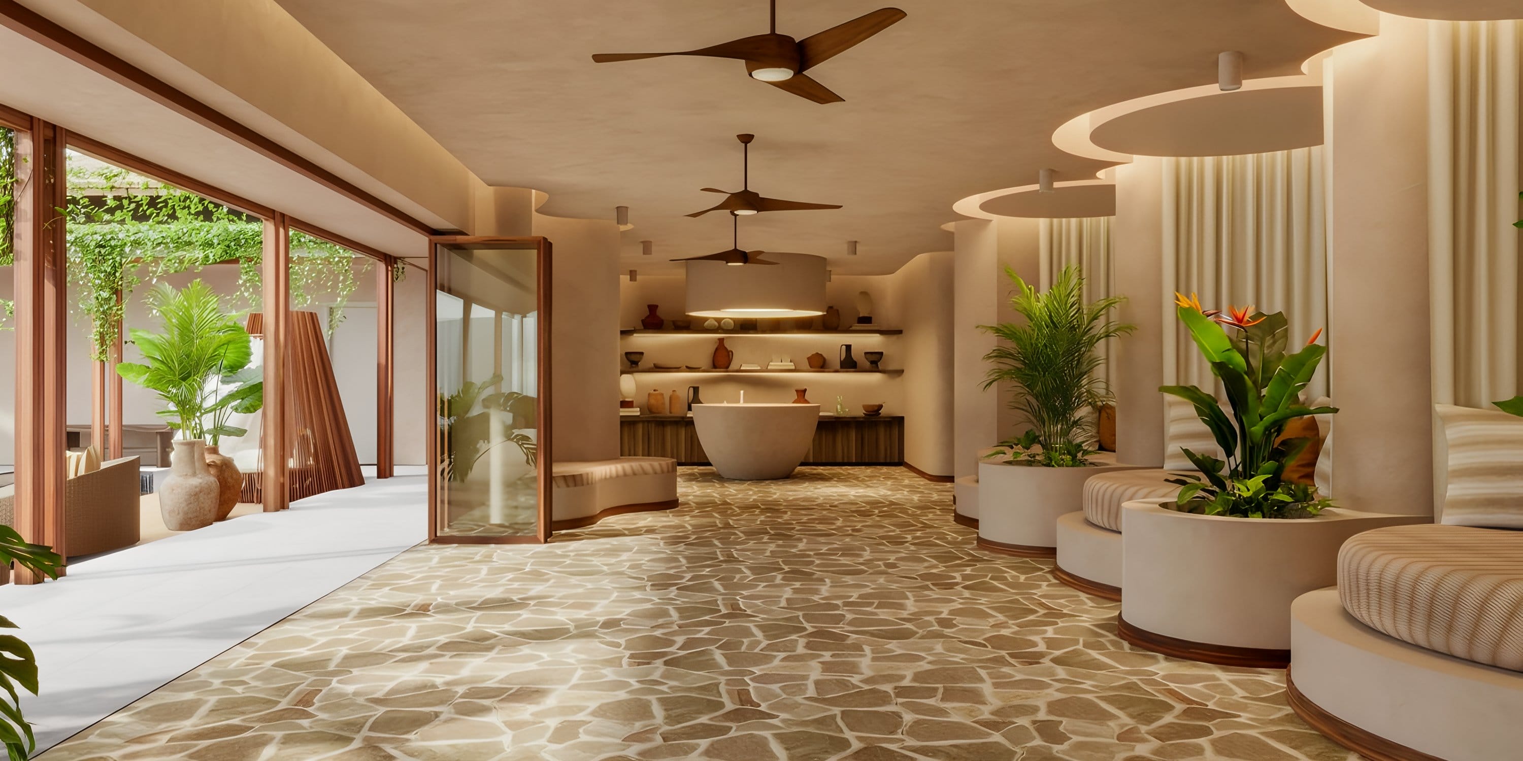 Dreams Las Mareas: chic lounge, curved seats, tropical plants—ideal for destination weddings.