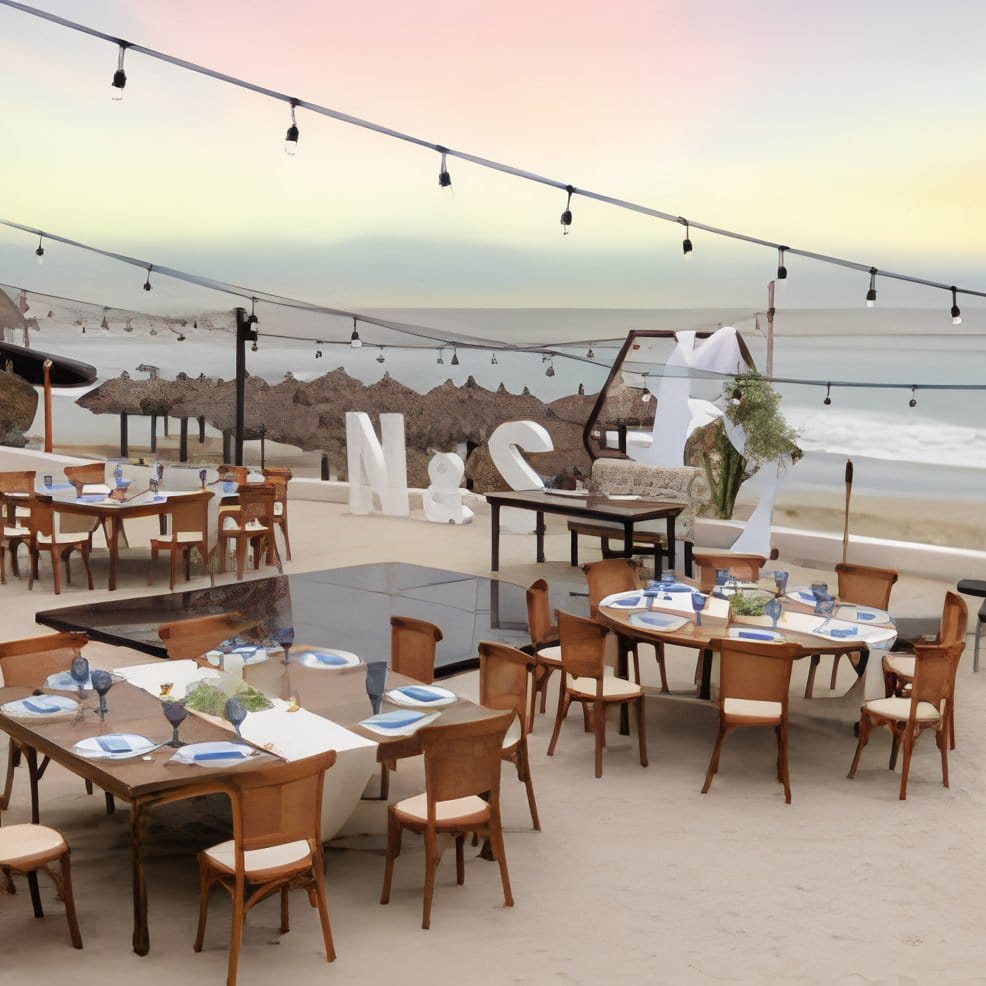 Destination wedding beachside dining with round tables, wooden chairs, and sunset string lights.