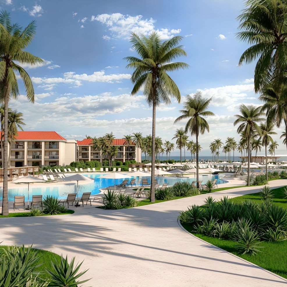 Tropical resort perfect for a destination wedding, with palm trees, pool, and ocean views.