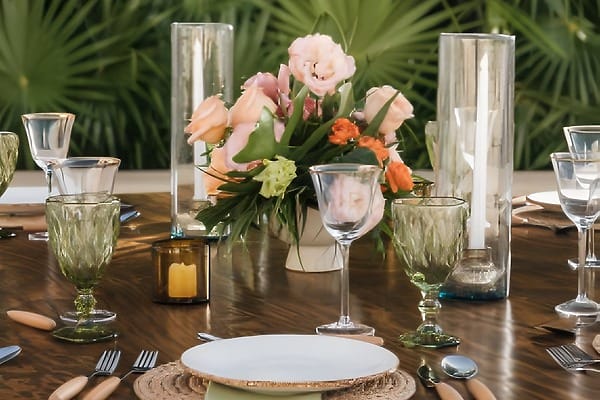 UNICO 18°77° Montego Bay wedding table set with plates, glasses, candles, flowers, and greenery.