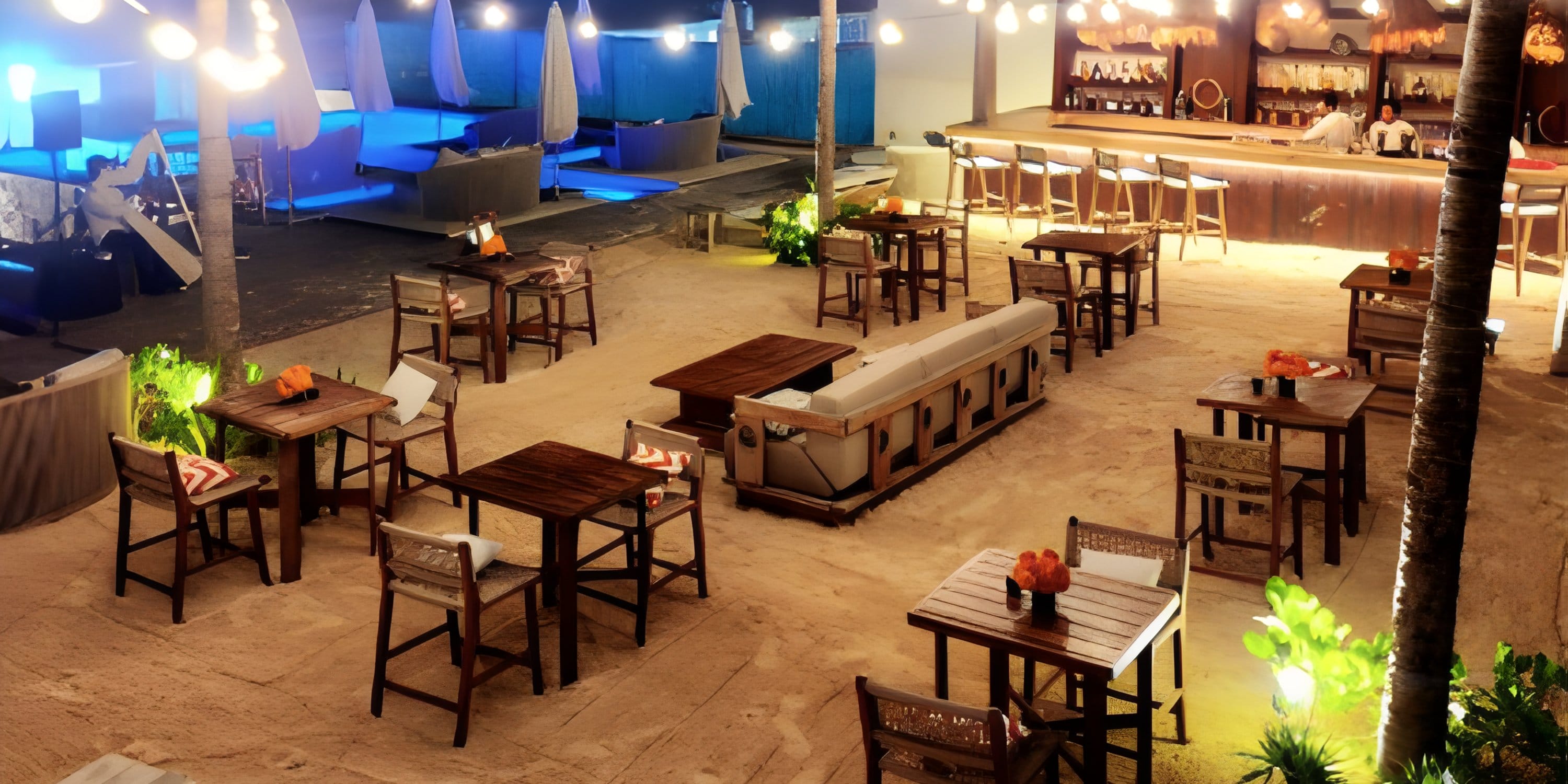 Outdoor dining area at Mondrian Cancun set for a destination wedding with sandy tables and a bar.