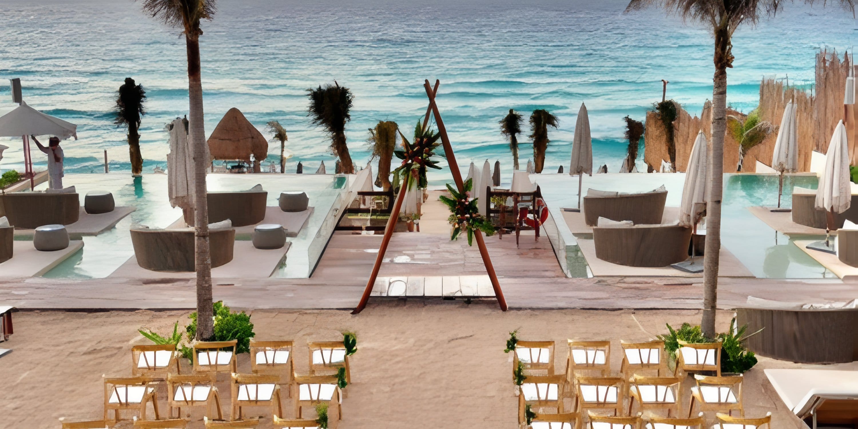 Destination wedding setup with chairs facing an archway on a beach overlooking the ocean.