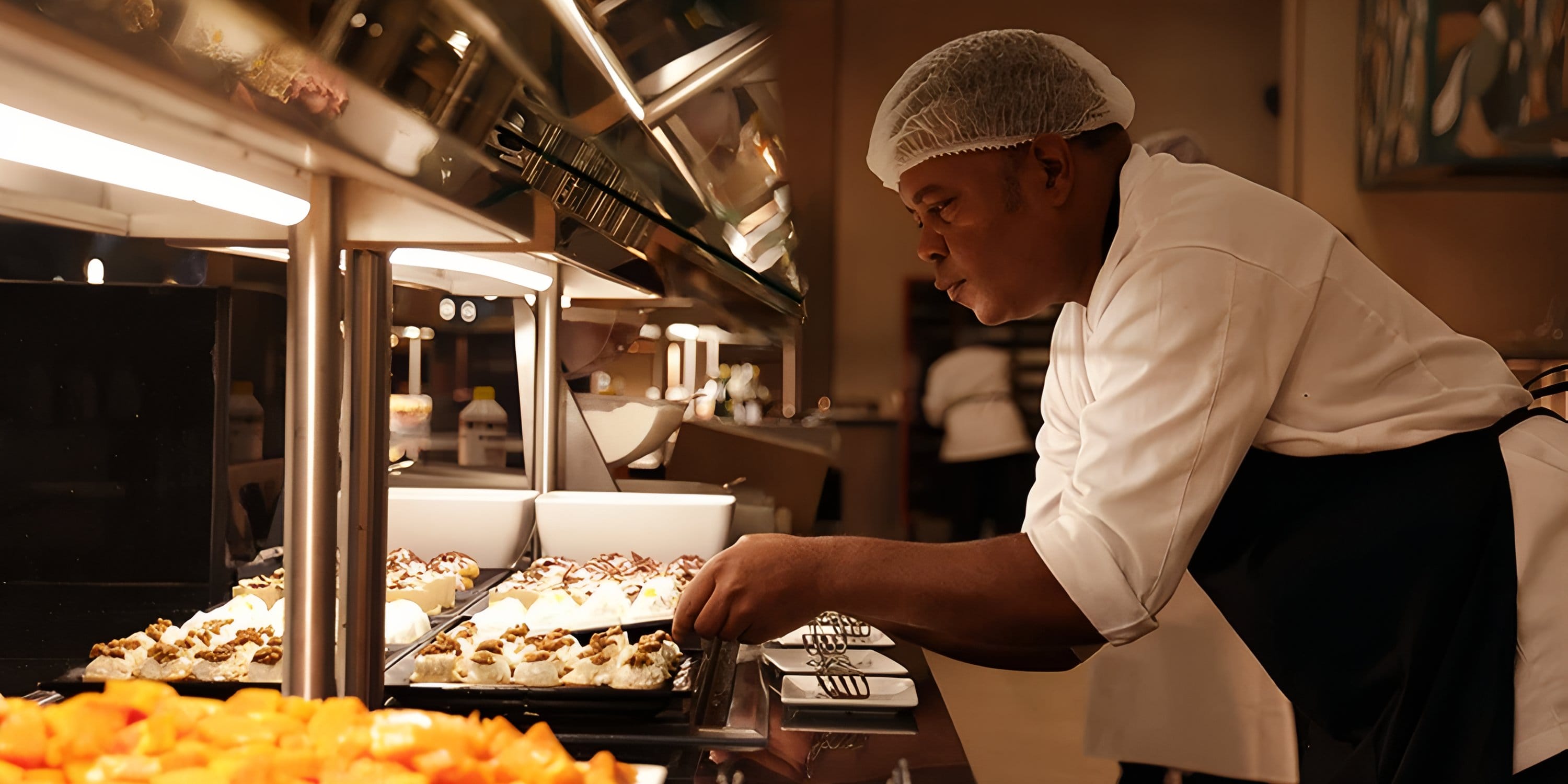 Chef prepares buffet food under warm lights for a destination wedding at Hotel Riu Palace Peninsula.