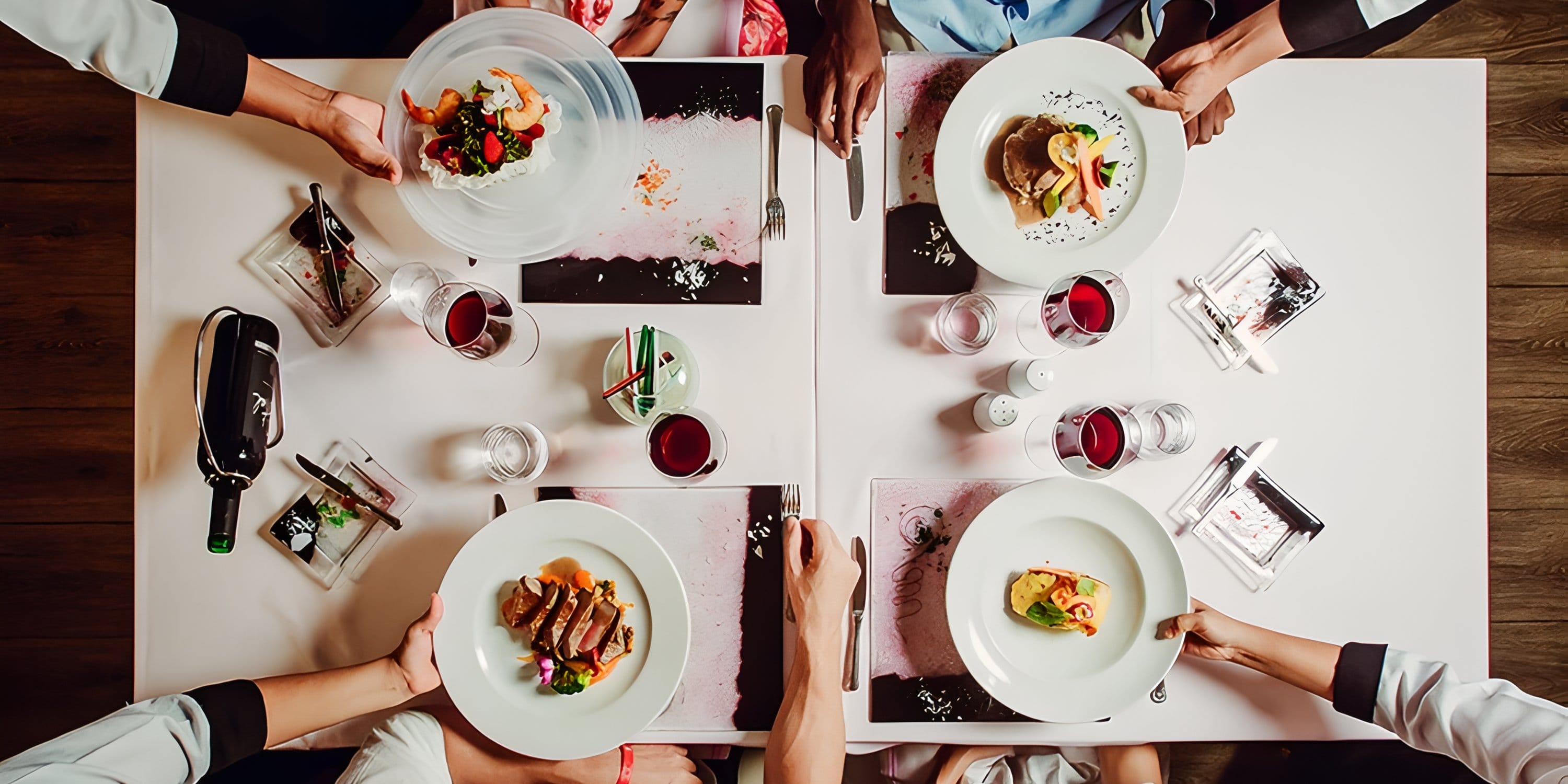 Four guests enjoying a meal at a destination wedding at Hotel Riu Palace Peninsula, wine in hand.