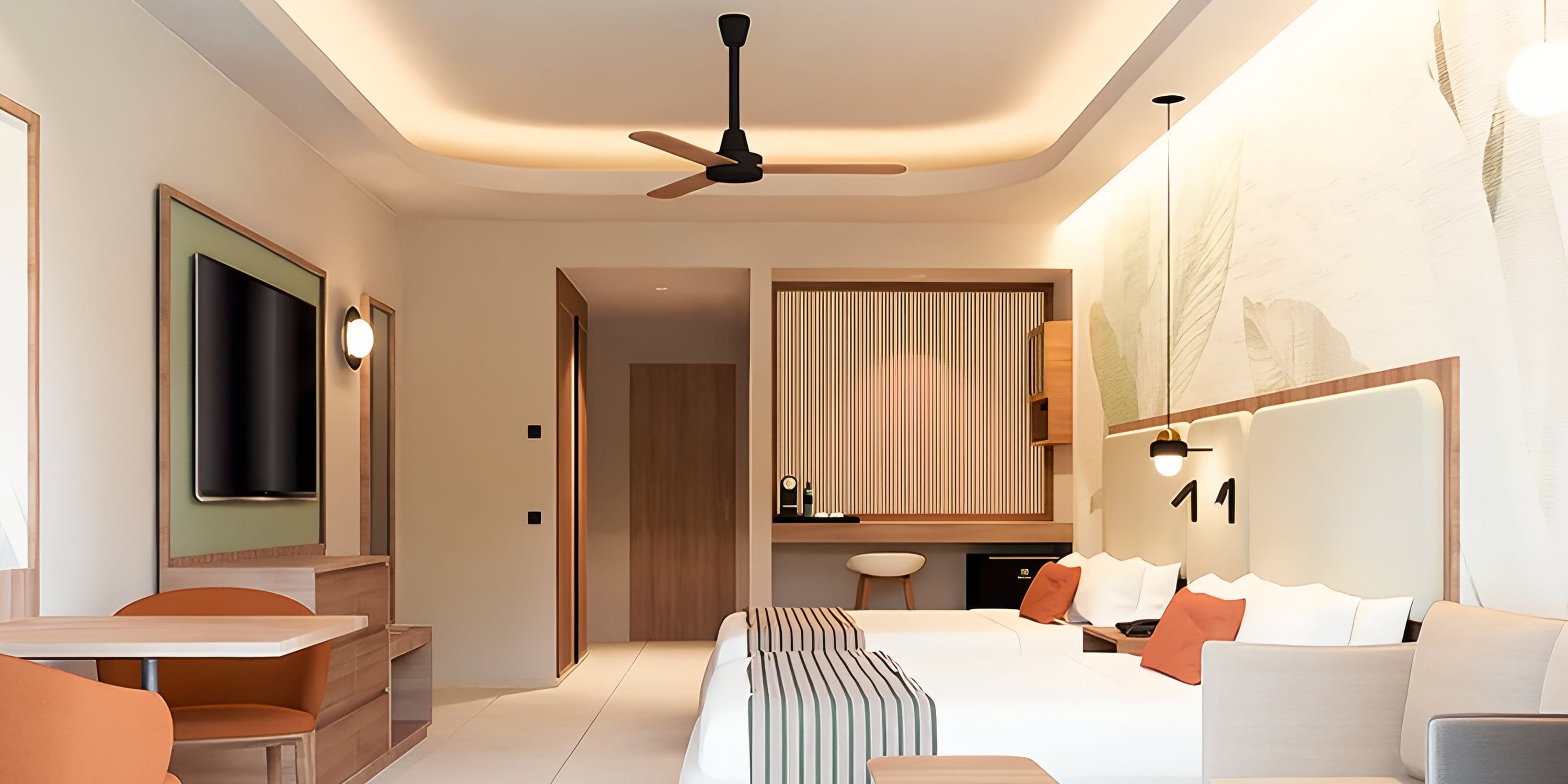 Modern Hotel Riu Palace Peninsula room, ideal for destination wedding stays, with two beds and TV.