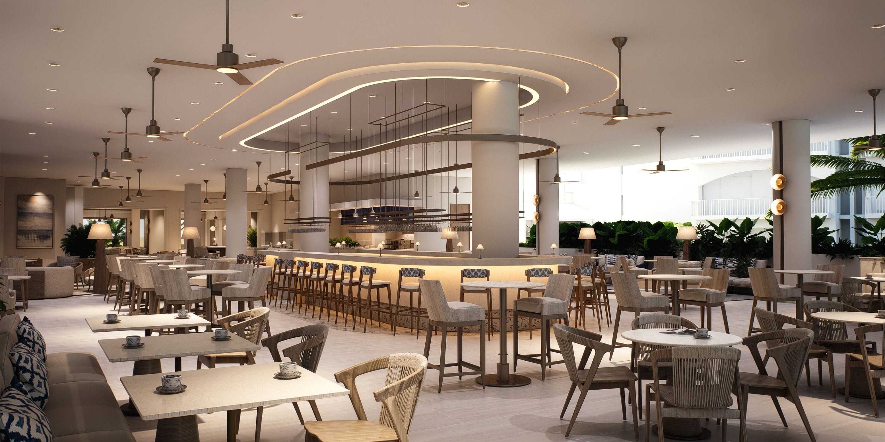 Modern destination wedding venue featuring neutral tones and a stylish central bar.