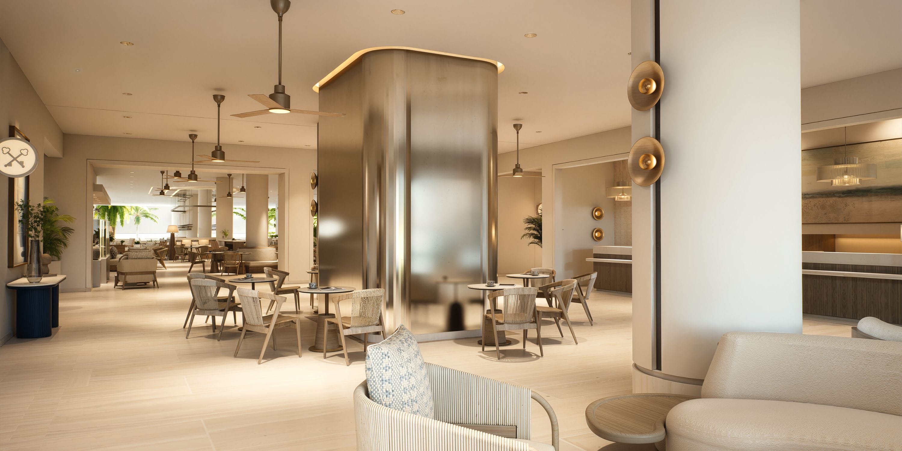 Chic modern lounge with neutral tones, ideal for a destination wedding at Royalton Riviera Cancun.