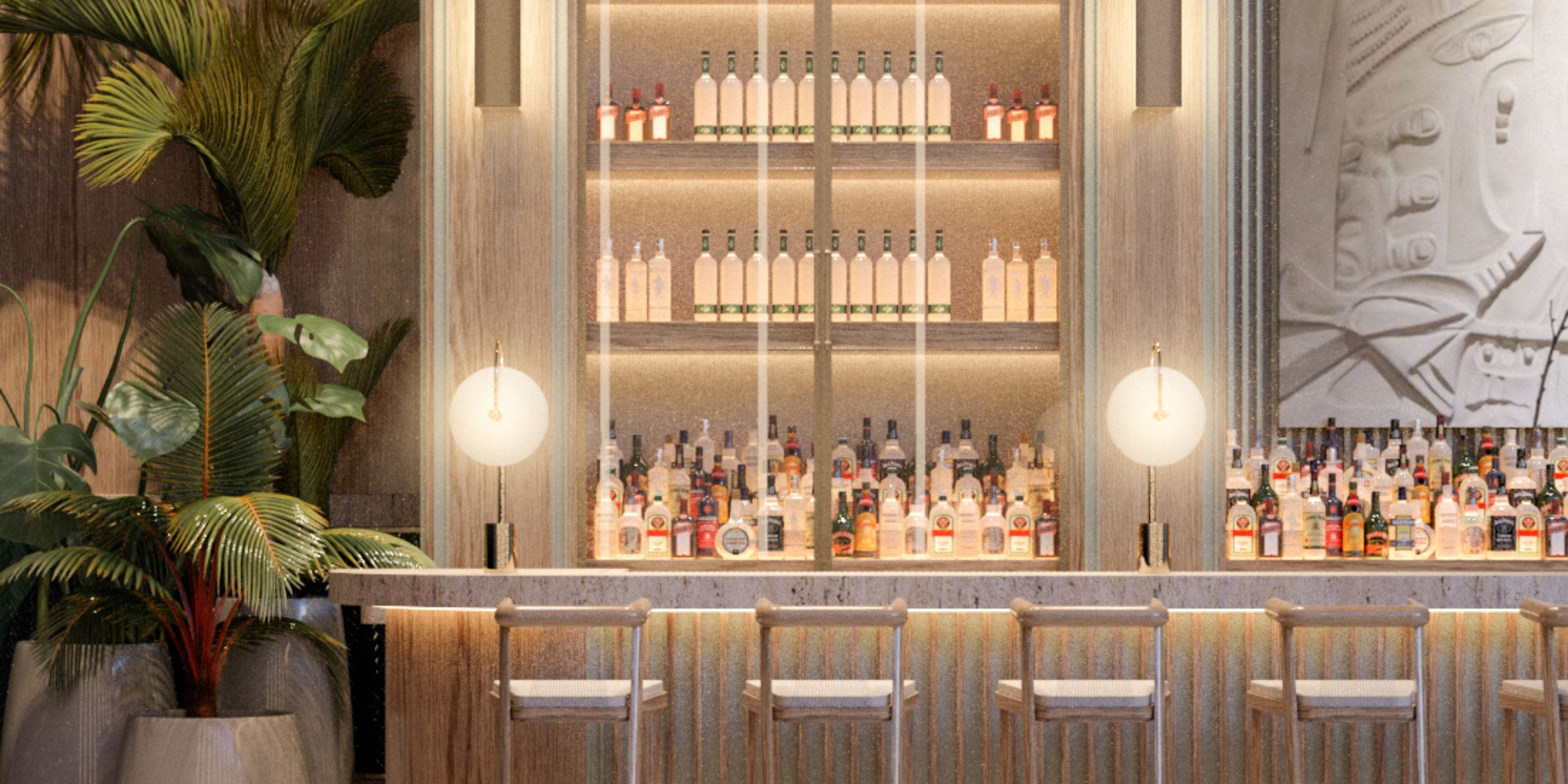 UNICO 18&deg;77&deg; Montego Bay: Modern bar, 4 stools&mdash;perfect for a chic destination wedding.