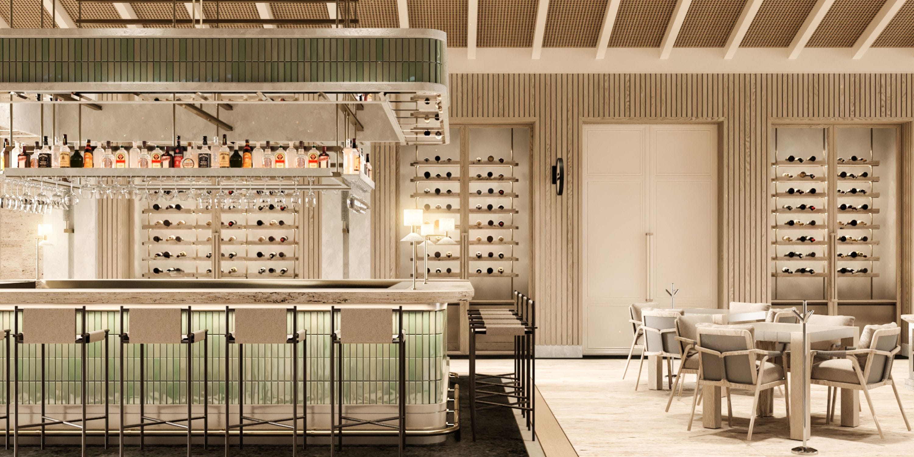 UNICO 18&deg;77&deg; Montego Bay bar ideal for destination wedding; bottles, racks, neutral seating.