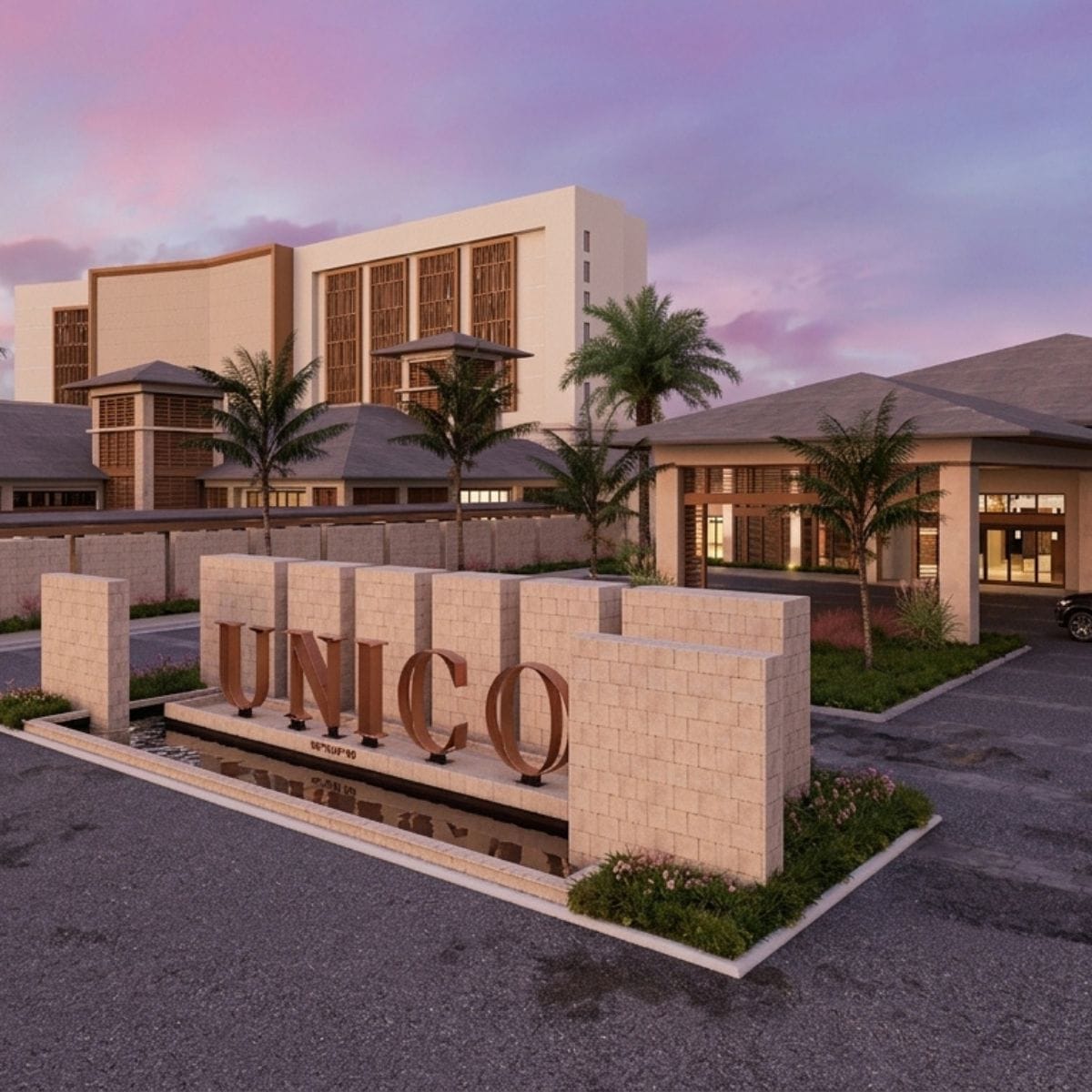 UNICO 18&deg;77&deg; Montego Bay hotel exterior at sunset, ideal for a destination wedding setting.