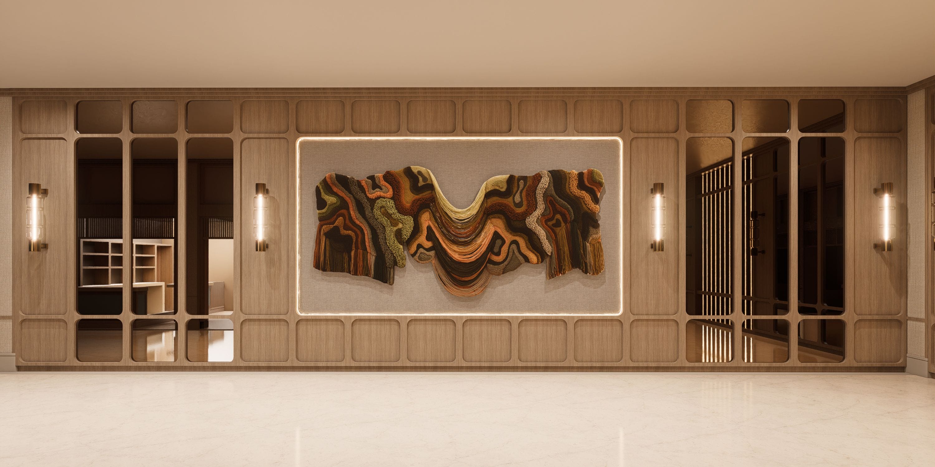 UNICO 18&deg;77&deg; Montego Bay art sets an inviting tone for a chic, wedding-ready wood hallway.