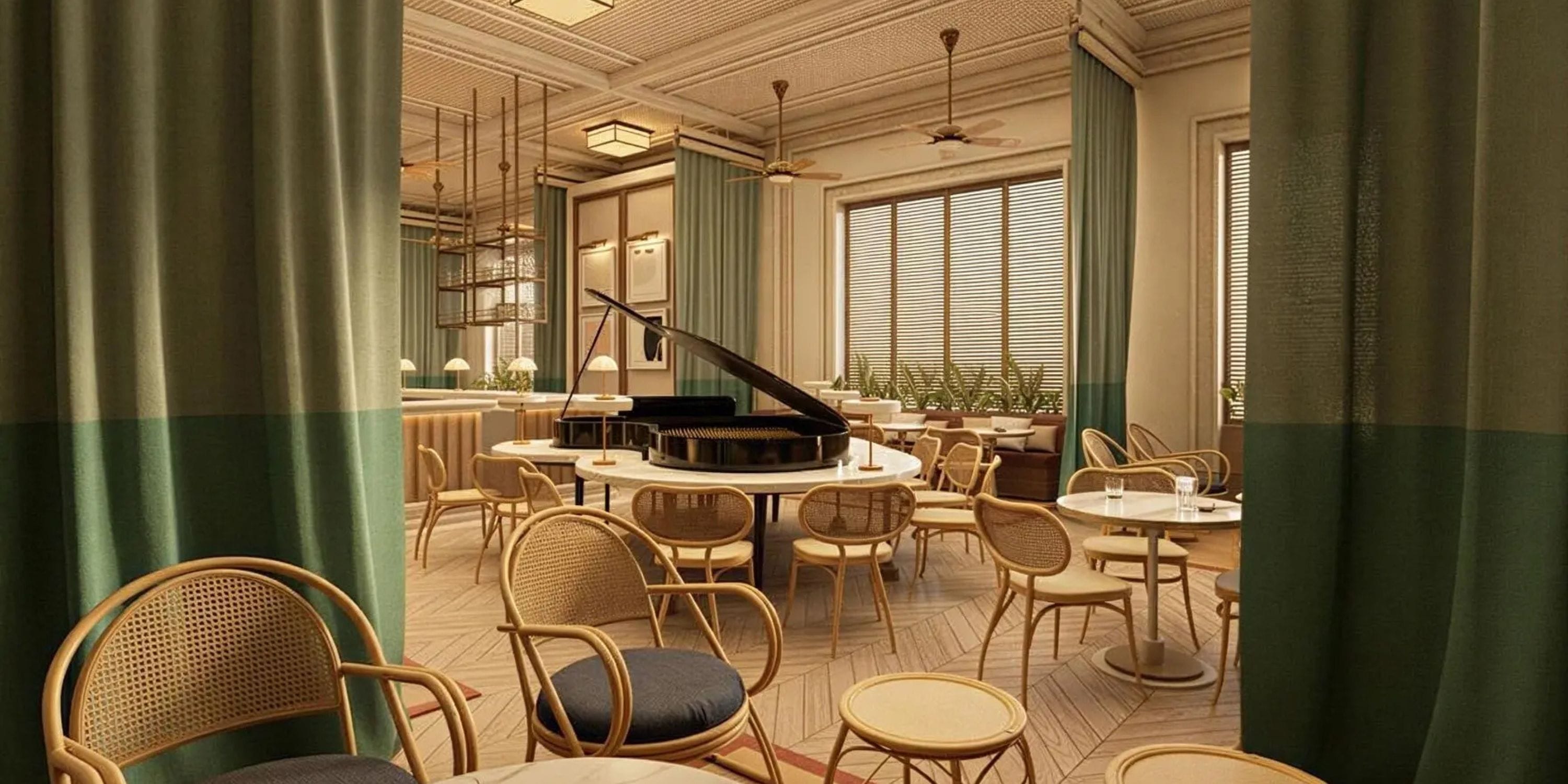 UNICO 18&deg;77&deg; Montego Bay: stylish cafe with piano, rattan chairs&mdash;great for destination weddings.