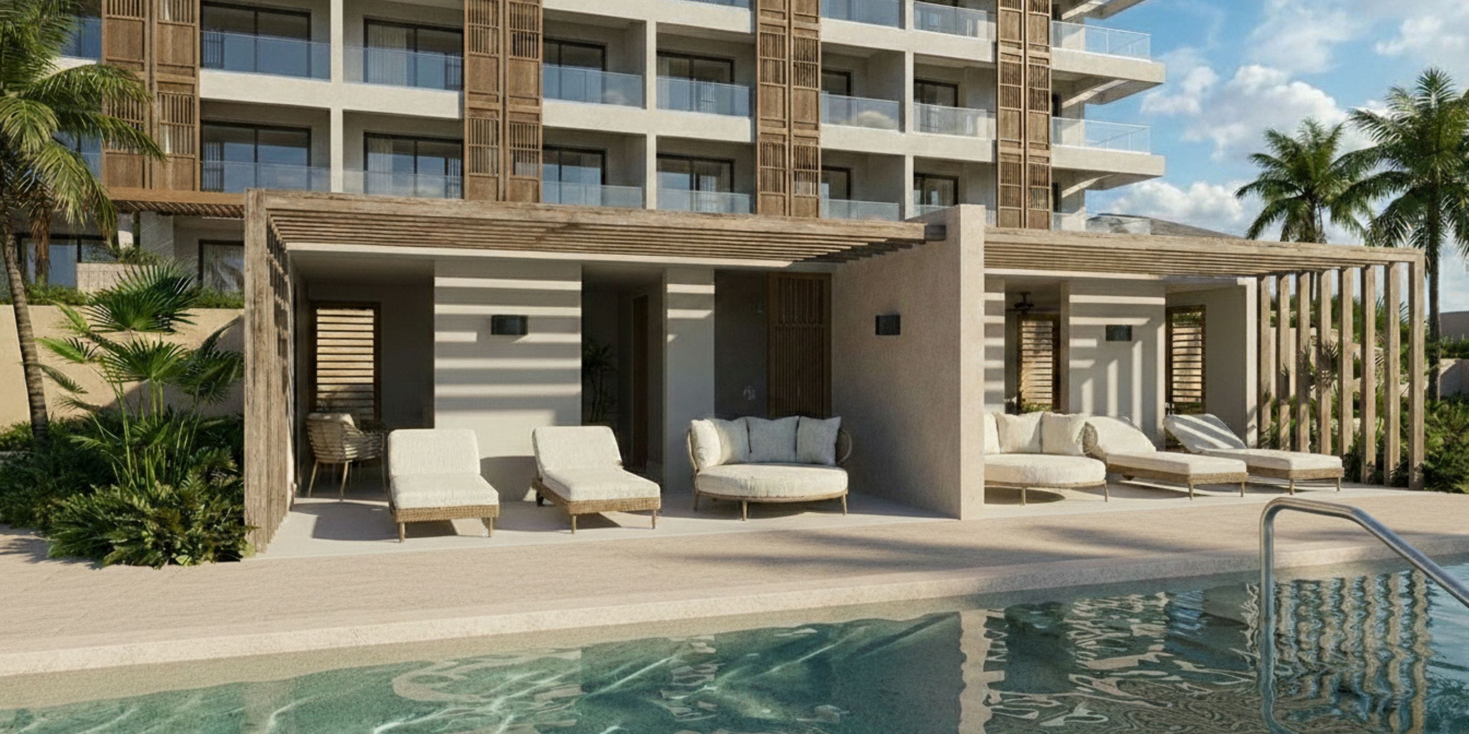 Cabanas and lounge chairs at UNICO 18&deg;77&deg;, perfect for a destination wedding by palms and hotel.