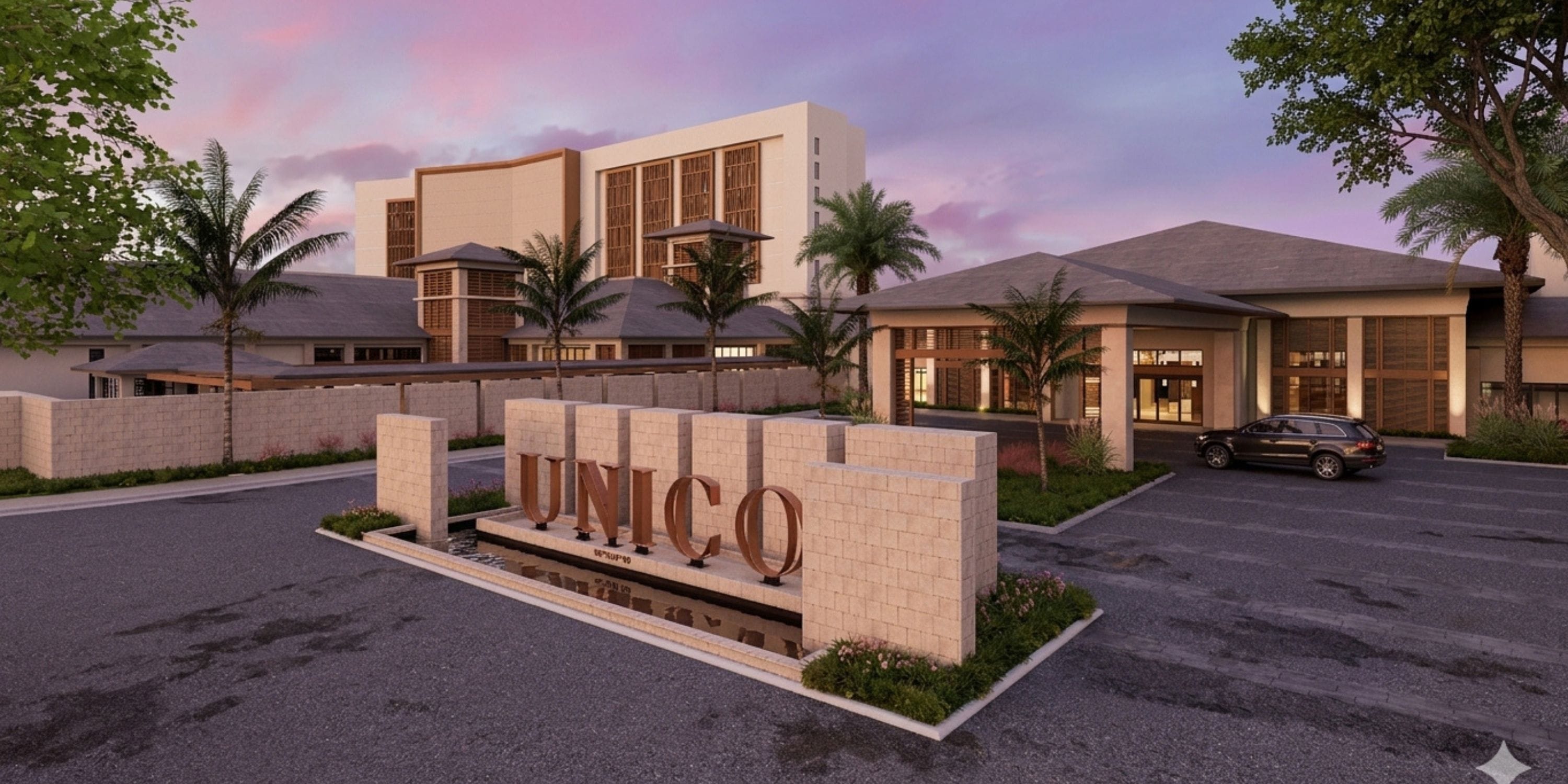 Modern wedding venue with palm trees and a &ldquo;UNICO 18&deg;77&deg; Montego Bay&rdquo; sign at the entrance.