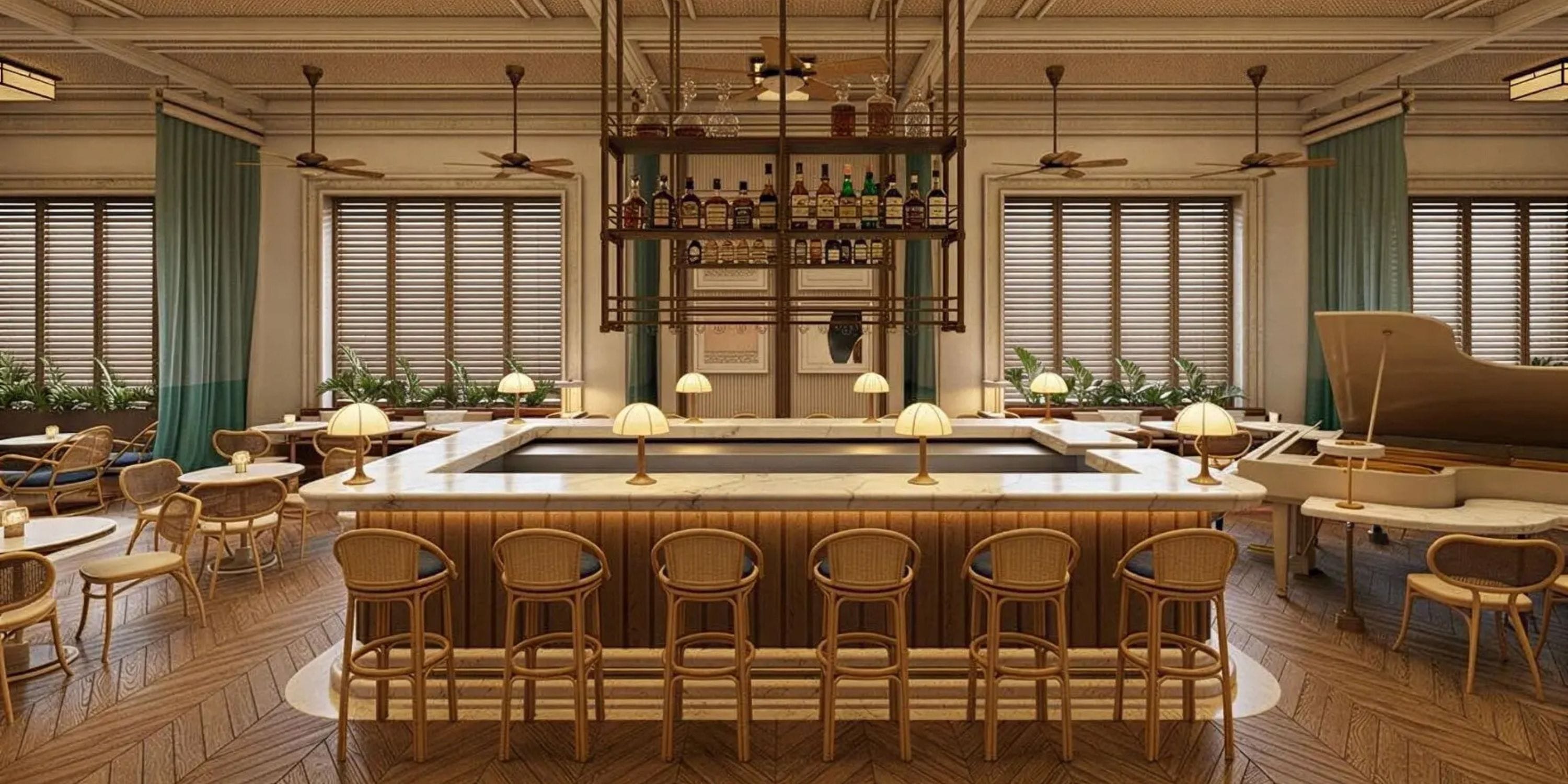 Stylish UNICO 18&deg;77&deg; Montego Bay bar&mdash;perfect for a destination wedding, with piano and marble top.