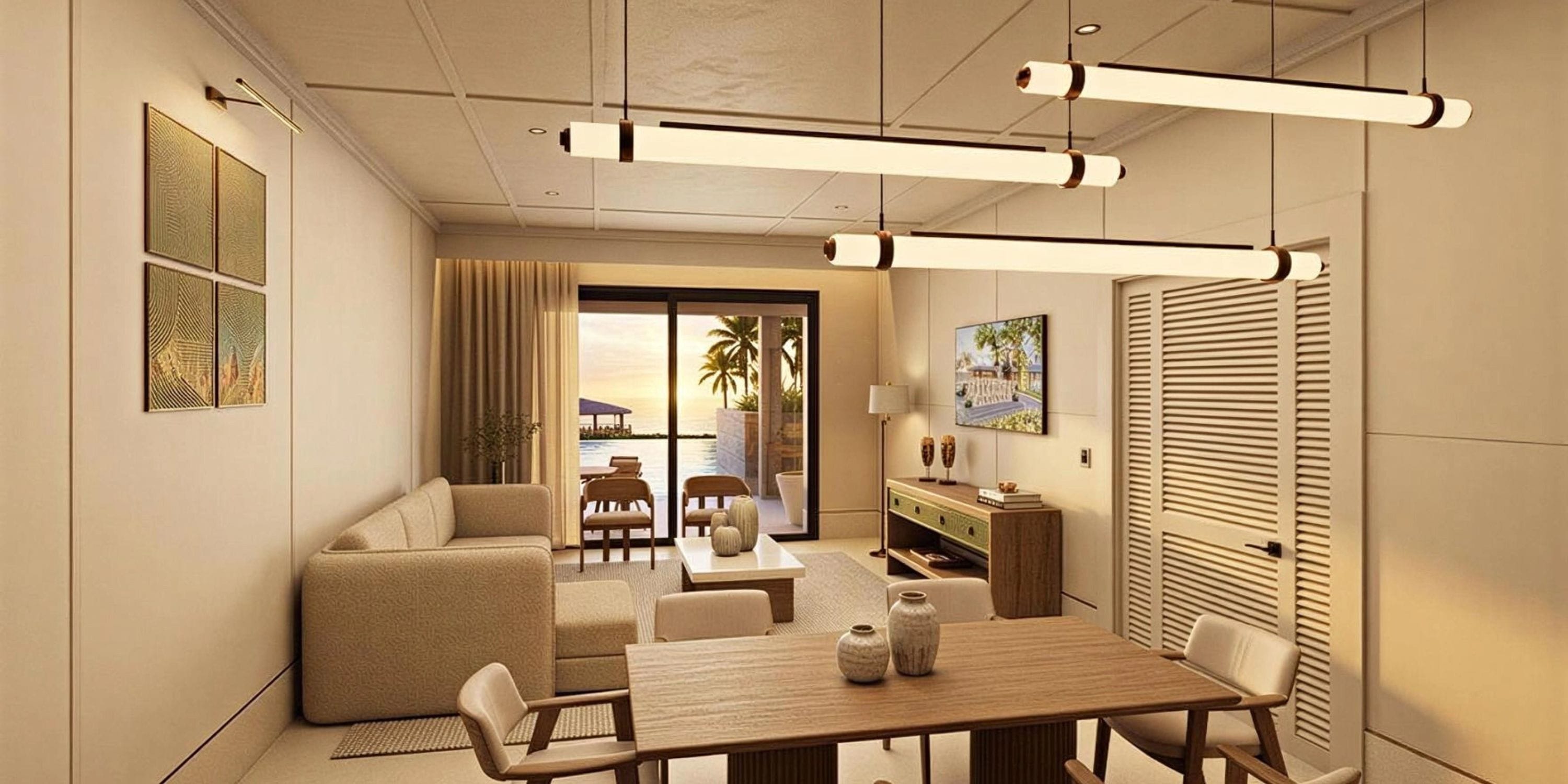 Elegant living-dining room with neutral decor, sunset ocean view&mdash;perfect for destination weddings.