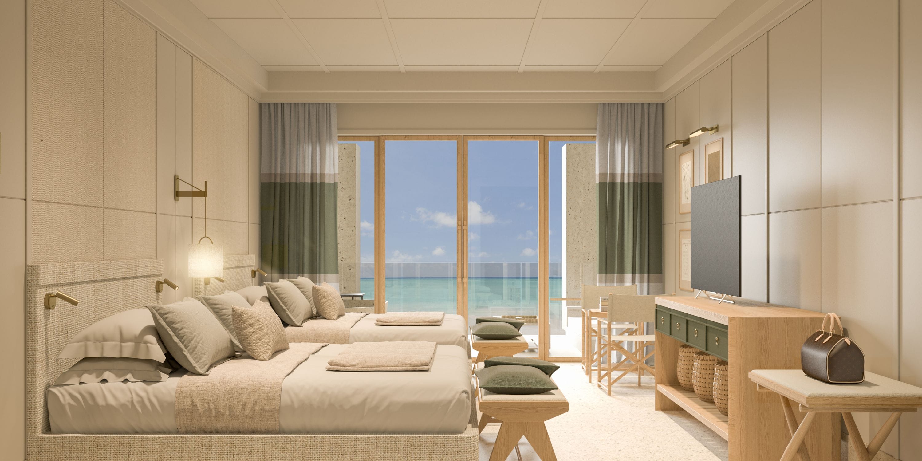 Modern room at UNICO 18&deg;77&deg;, 2 beds, desk, TV, ocean-view balcony&mdash;ideal for a destination wedding.