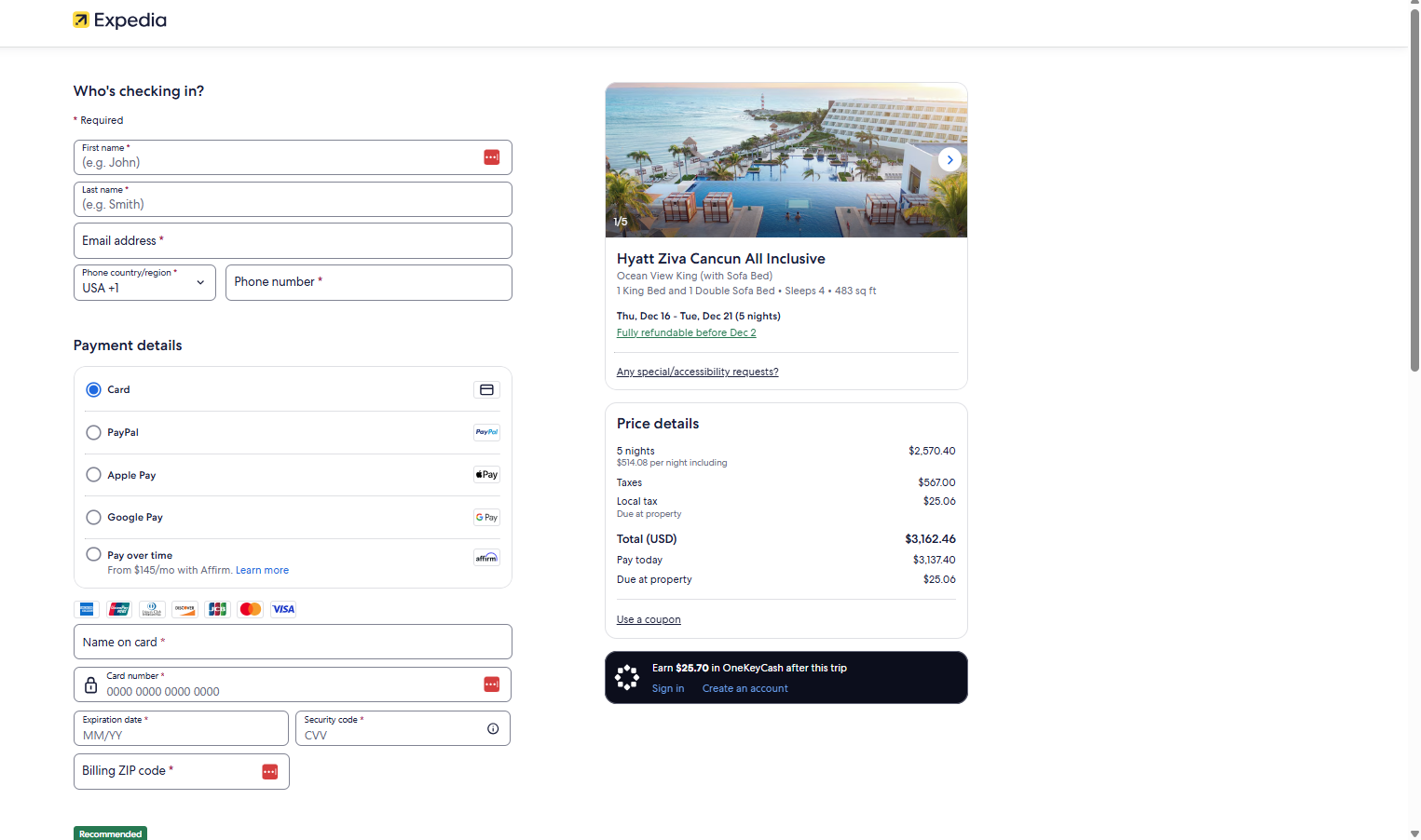 Expedia page for Hyatt Ziva Cancun destination wedding, showing guest info and payment form.
