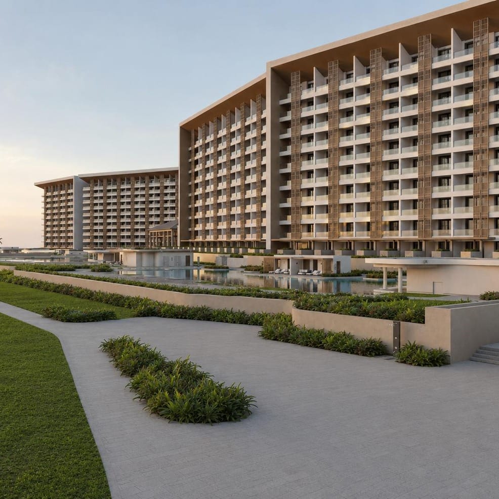 Large resort hotel with a swimming pool, perfect for a destination wedding.