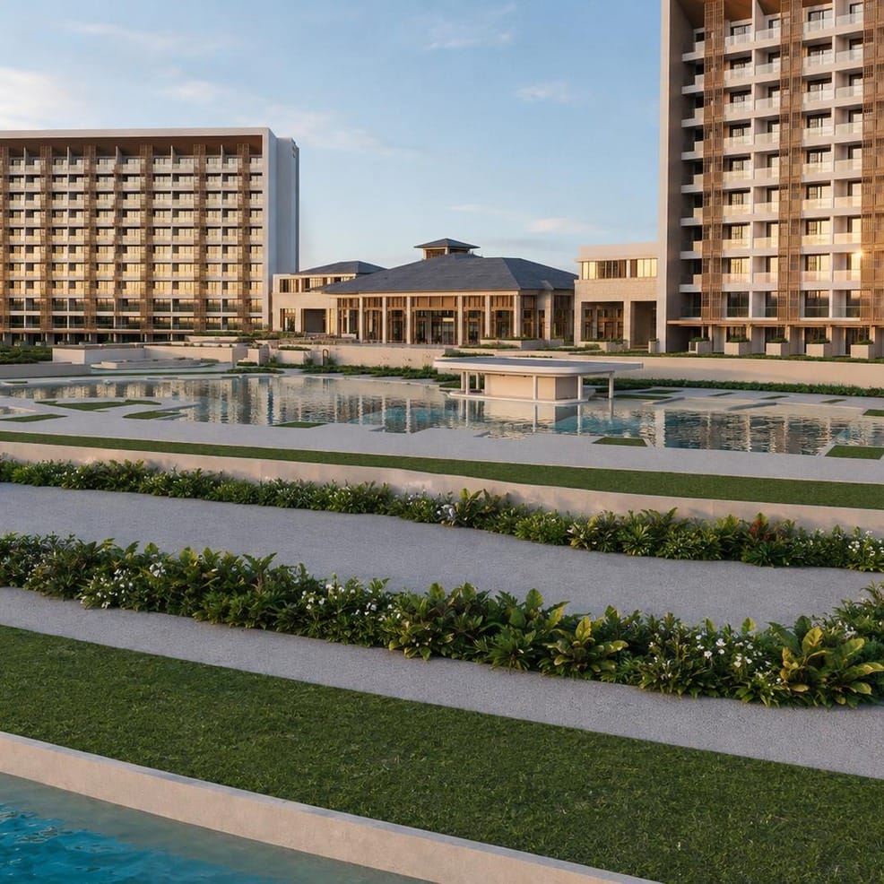 Large resort complex with pools and landscaped pathways, ideal for a destination wedding.