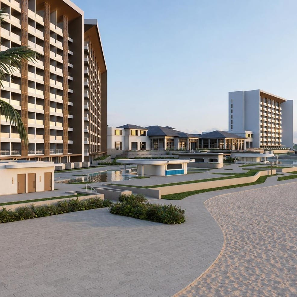 Large, modern beachfront resort complex, perfect for a destination wedding.