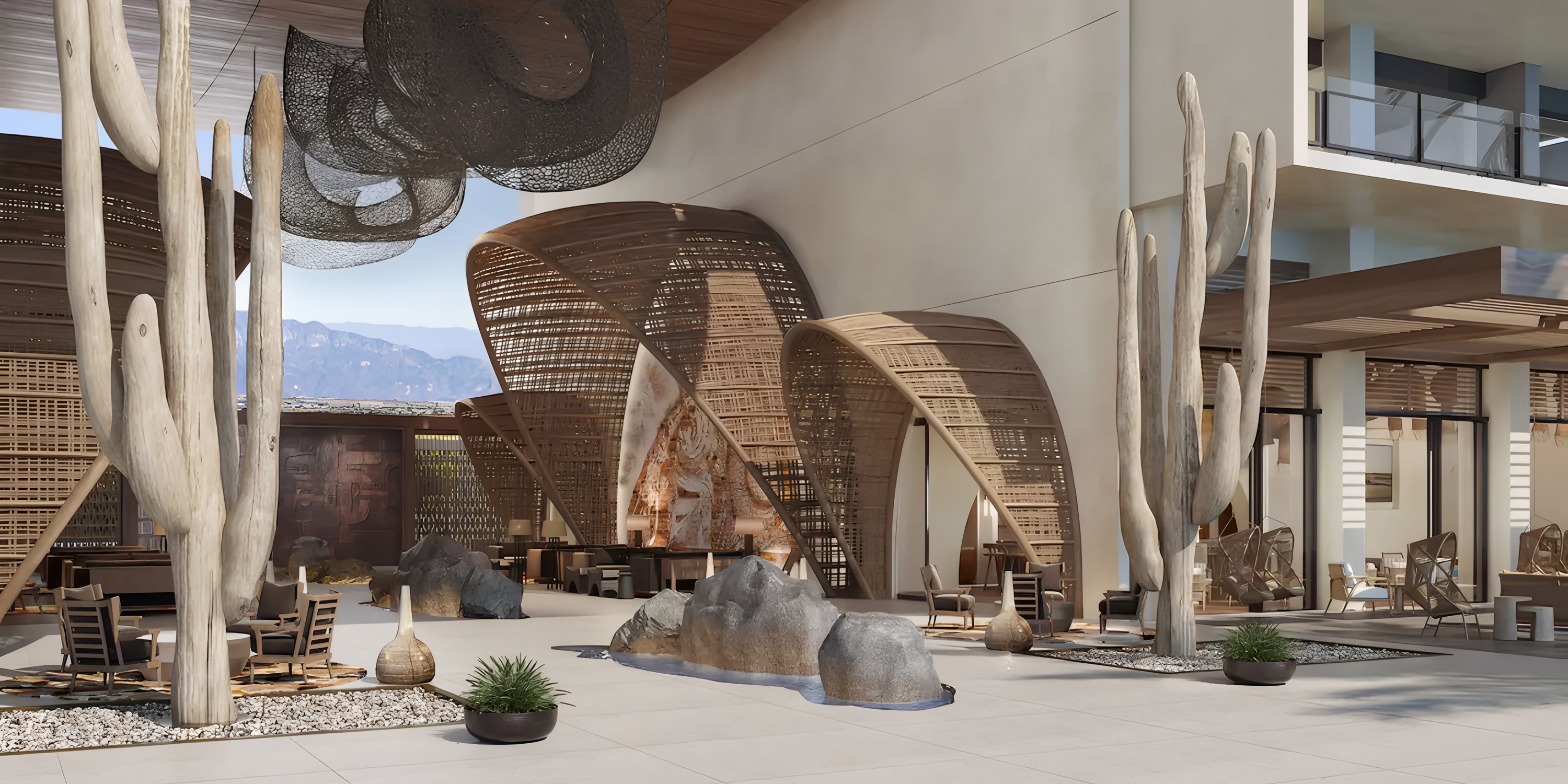 Grand Hyatt Los Cabos: Stylish outdoor lounge, wedding-ready canopies, desert plants, artful decor.